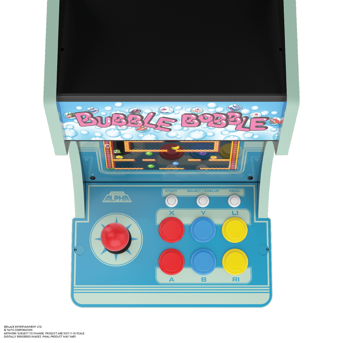 Mini gra arkadowa, widok z góry. Niebieska i jasnoniebieska z czerwonym joystickiem i kolorowymi przyciskami.