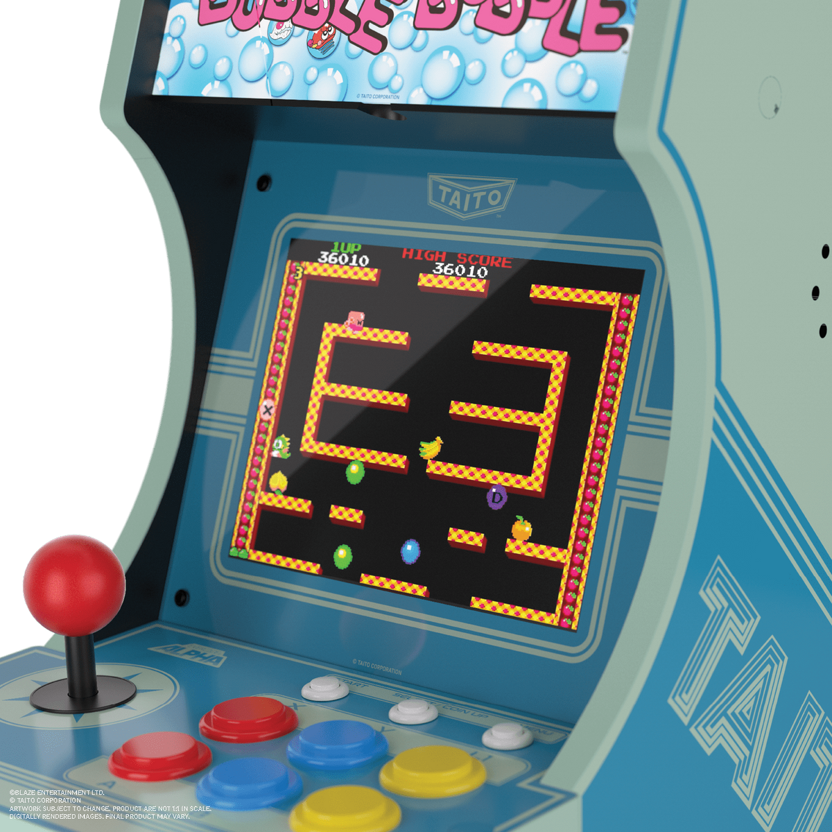 Automat do gry Bubble Bobble wyświetlający rozgrywkę na ekranie z czerwonym joystickiem i kolorowymi przyciskami.