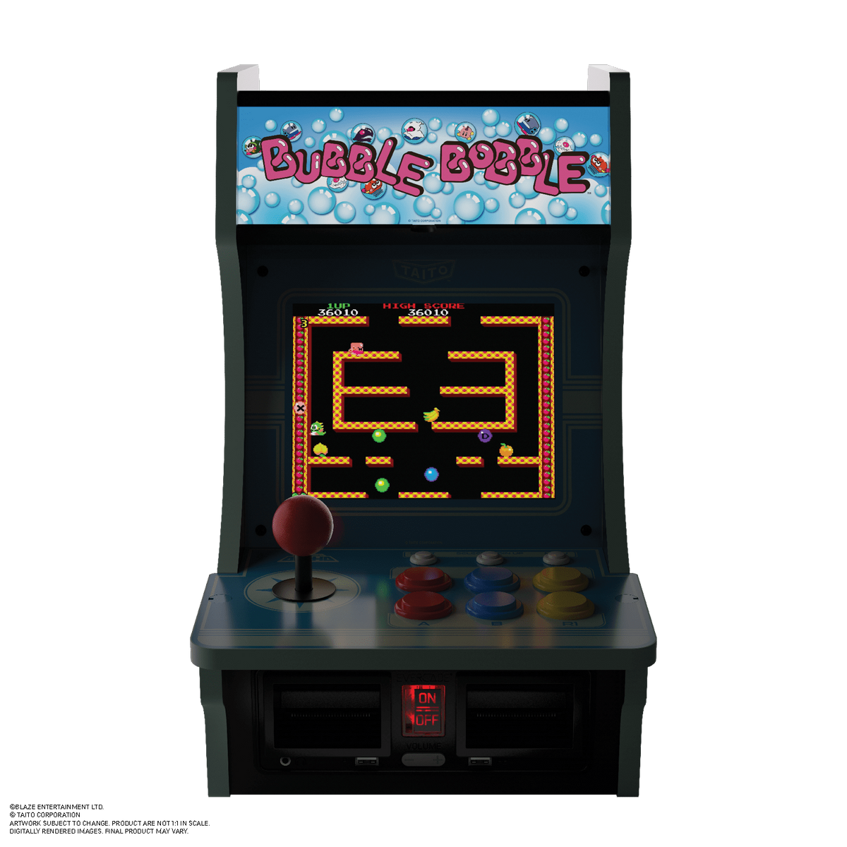 Mini gra arkadowa z Bubble Bobble na ekranie. Czerwony joystick, kolorowe przyciski i szczegóły.
