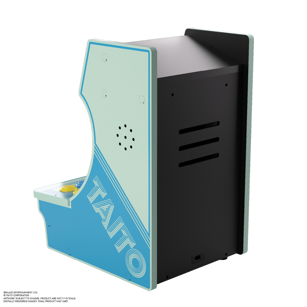 Widok z boku gry arcade Taito. Jasnoniebieski i czarny, z logo Taito. Białe tło.