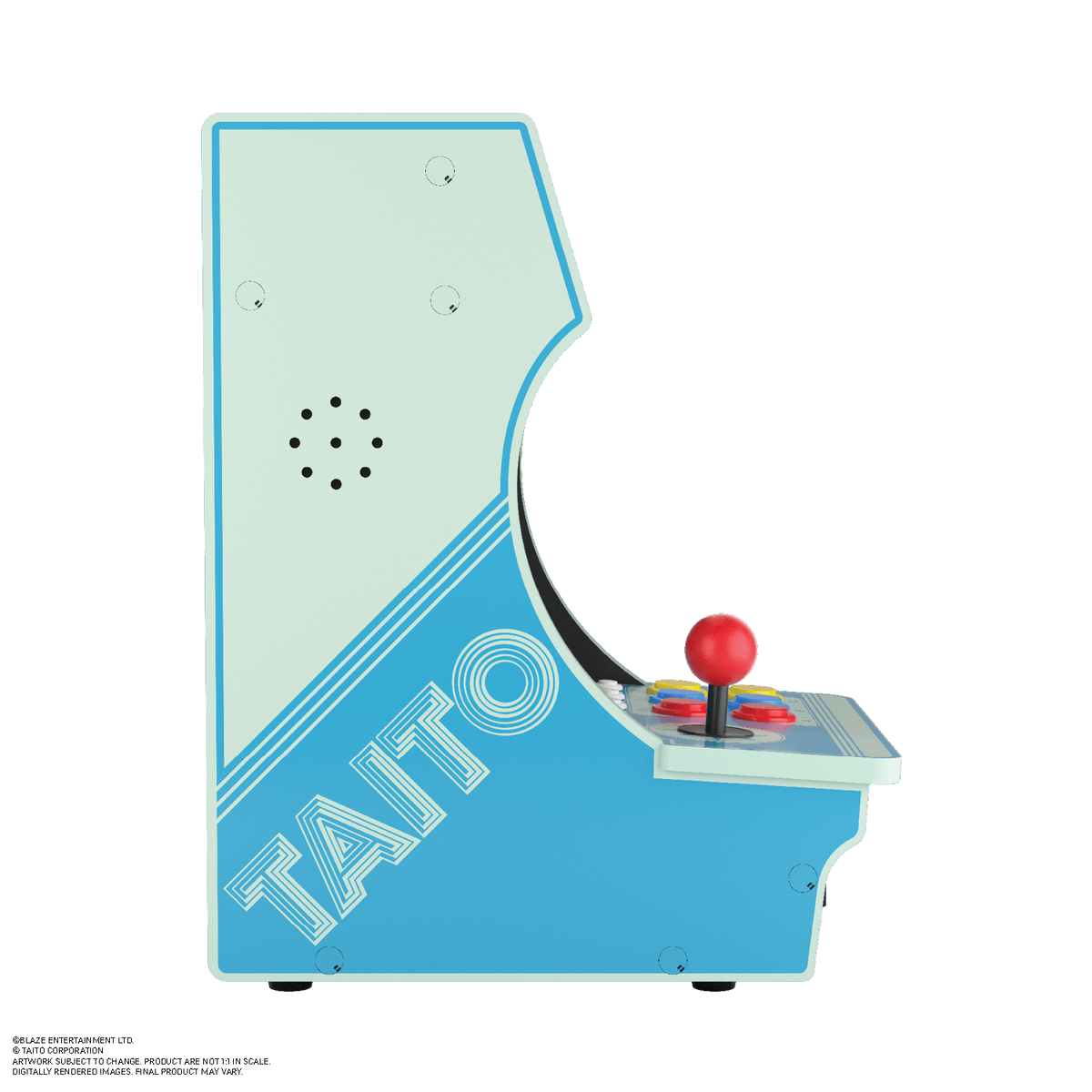 Jasnoniebieska i biała maszyna do gier z boku. Ma joystick i przyciski. Słowo TAITO jest na nim.