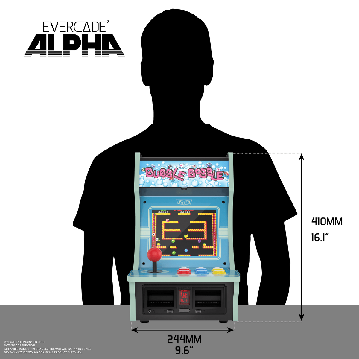 Automat do gry Bubble Bobble z czerwonym joystickiem, niebieskimi bokami i ekranem wyświetlającym grę.