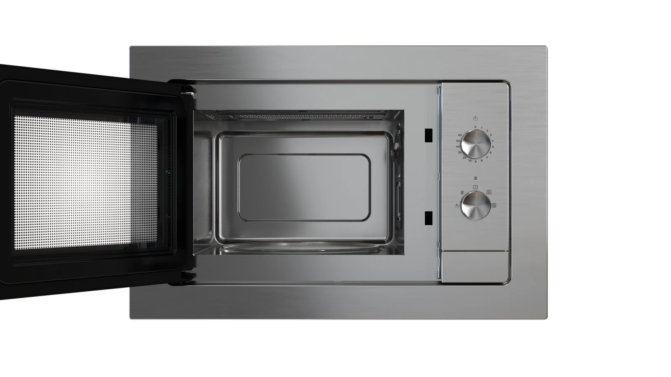 Srebrna kuchenka mikrofalowa z otwartymi drzwiami, ukazująca wnętrze i panel sterowania po prawej stronie.