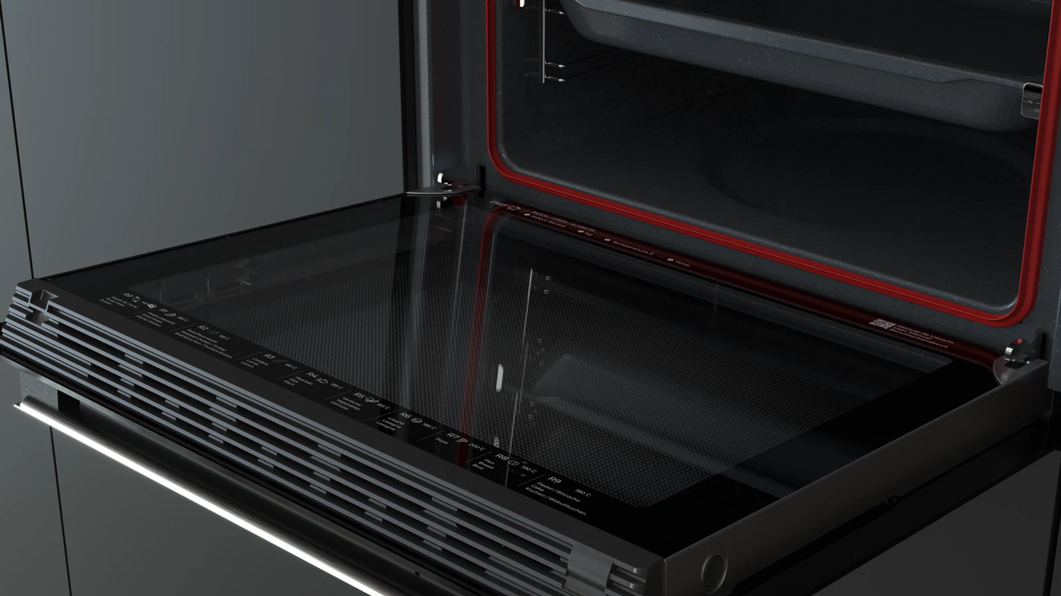 Una porta del forno aperta che mostra l'interno. La porta è in vetro e il forno ha un bordo rosso.