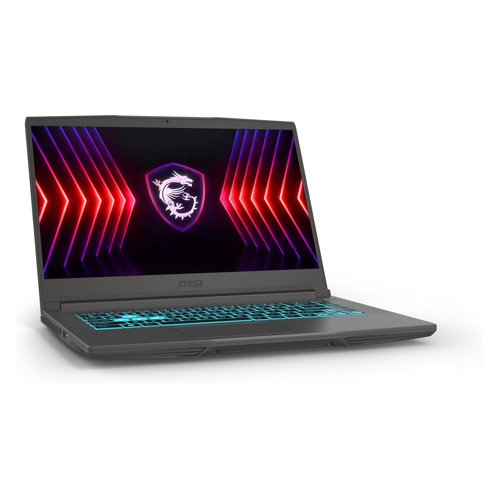 Laptop MSI, aperto e angolato. Lo schermo mostra un logo su un motivo al neon. Sfondo bianco.