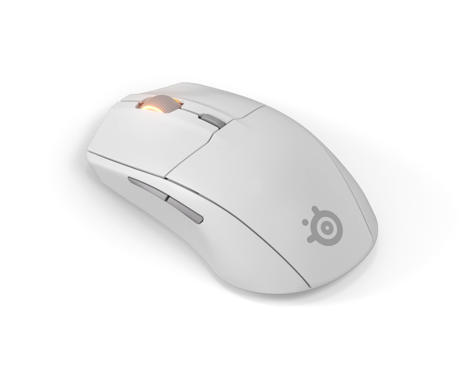 Eine weiße Gaming-Maus mit leuchtendem Scrollrad und Logo auf schwarzem Hintergrund.
