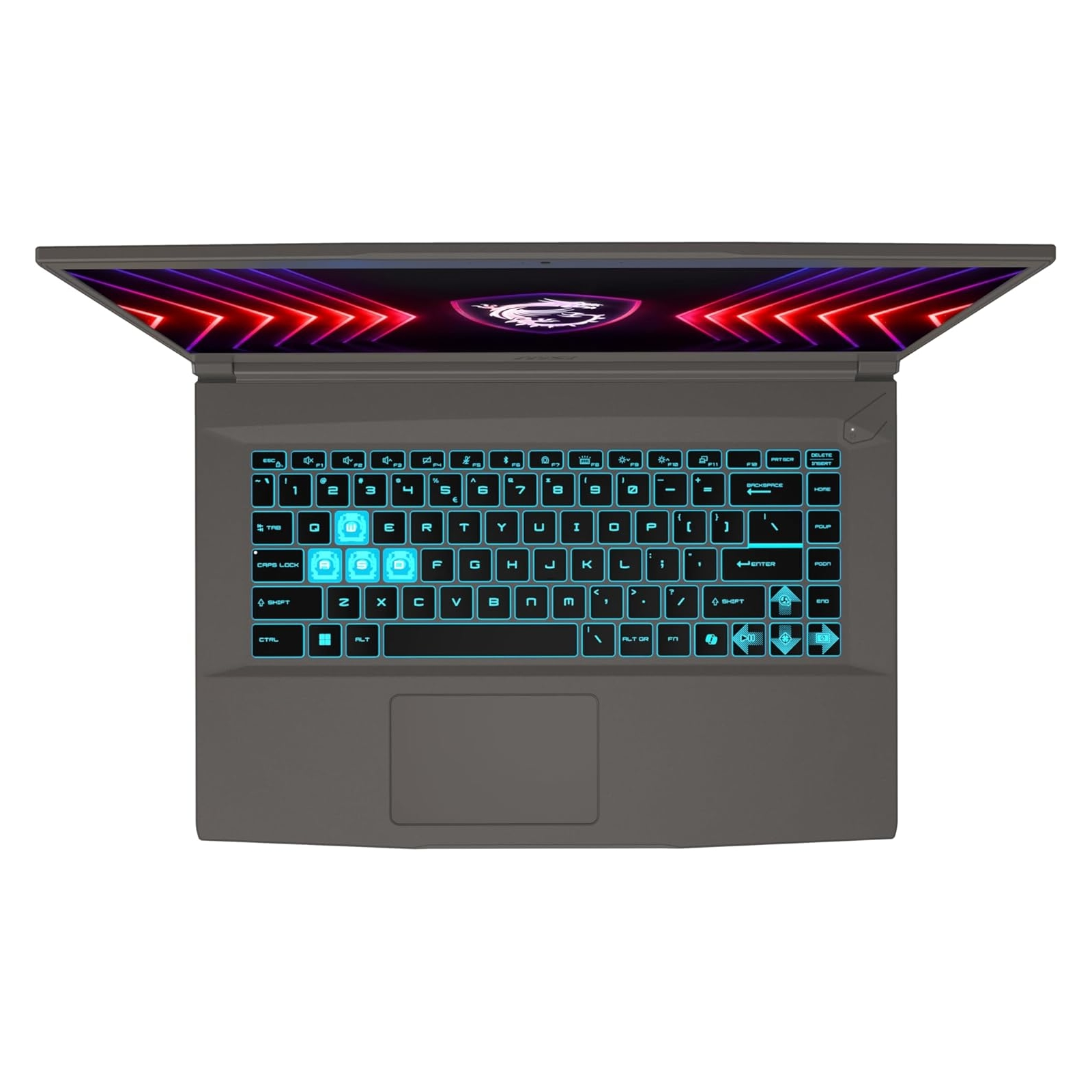 Un laptop aperto con tastiera illuminata e schermo con logo del drago su sfondo bianco.