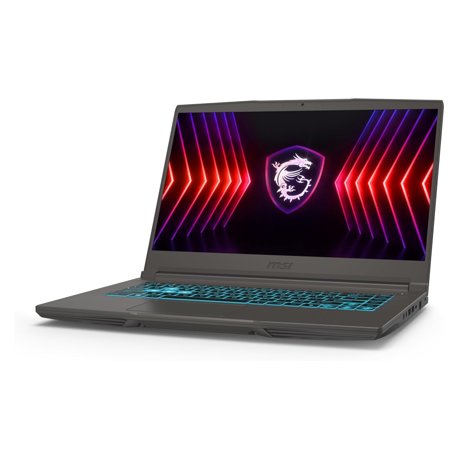 Un laptop con tastiera illuminata e schermo con logo del drago su sfondo bianco.