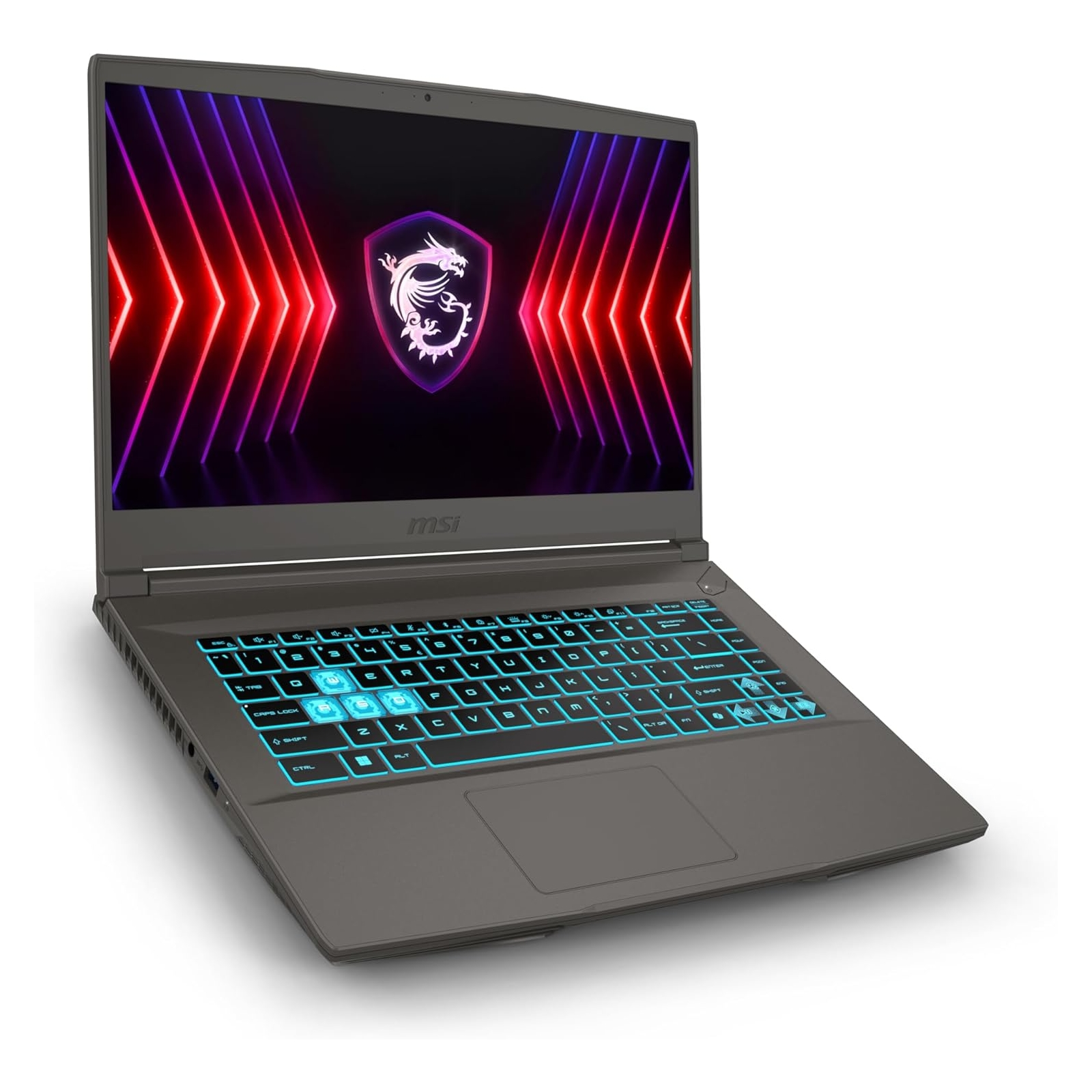 Laptop MSI aperto su una superficie bianca. Schermo mostra logo con linee rosse e viola.
