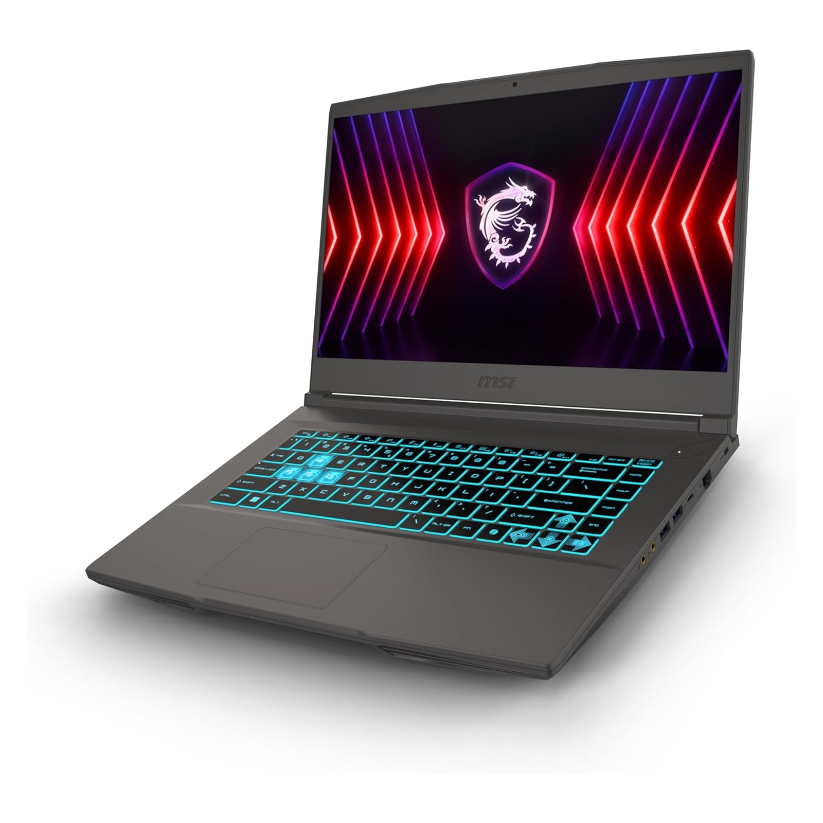 Un laptop con tastiera illuminata e schermo con logo del drago su sfondo bianco.