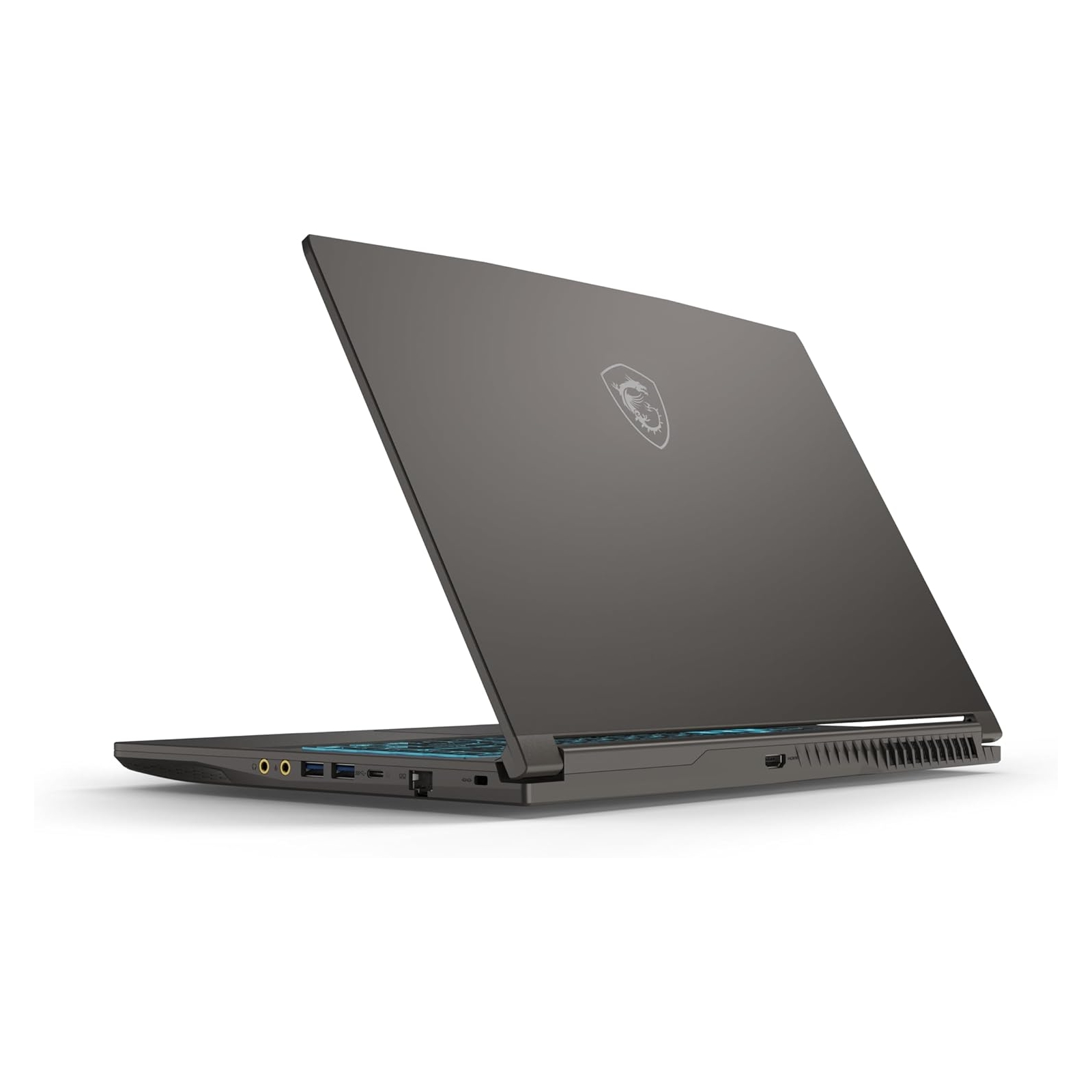 Un laptop grigio scuro, leggermente aperto, su sfondo bianco. Lo schermo è nero.