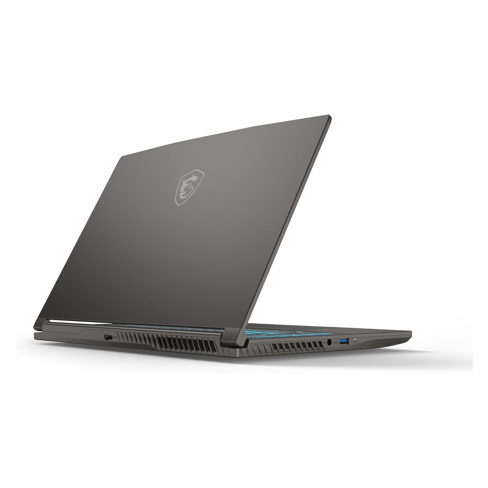 Un laptop da dietro, che mostra il coperchio chiuso e il logo MSI su sfondo bianco.
