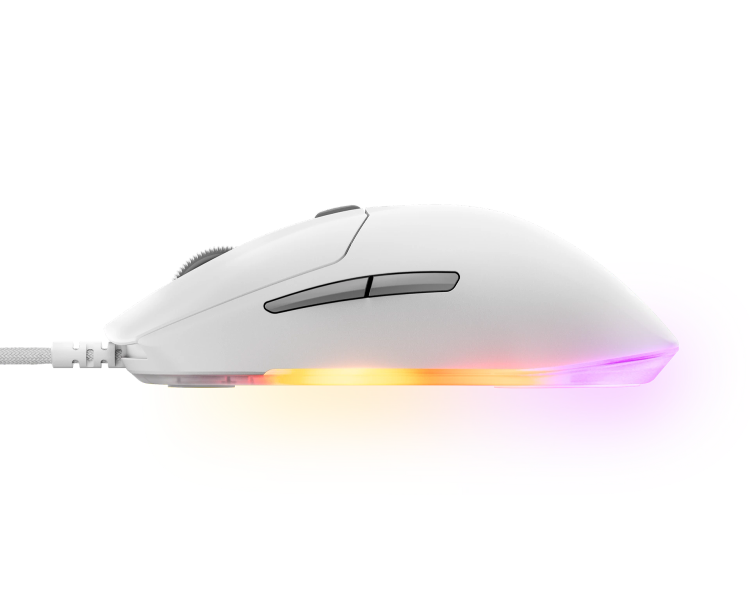 Mouse da gioco bianco con effetto luce colorato su sfondo nero.
