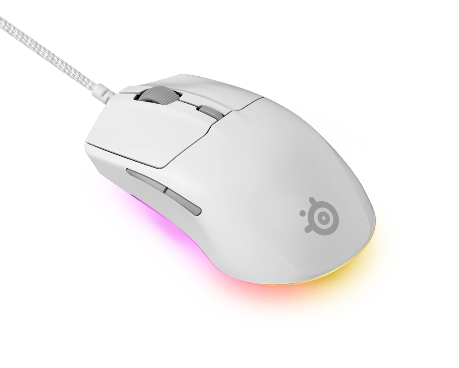 Mouse da gioco bianco angolato su sfondo bianco, con effetto luce colorato.