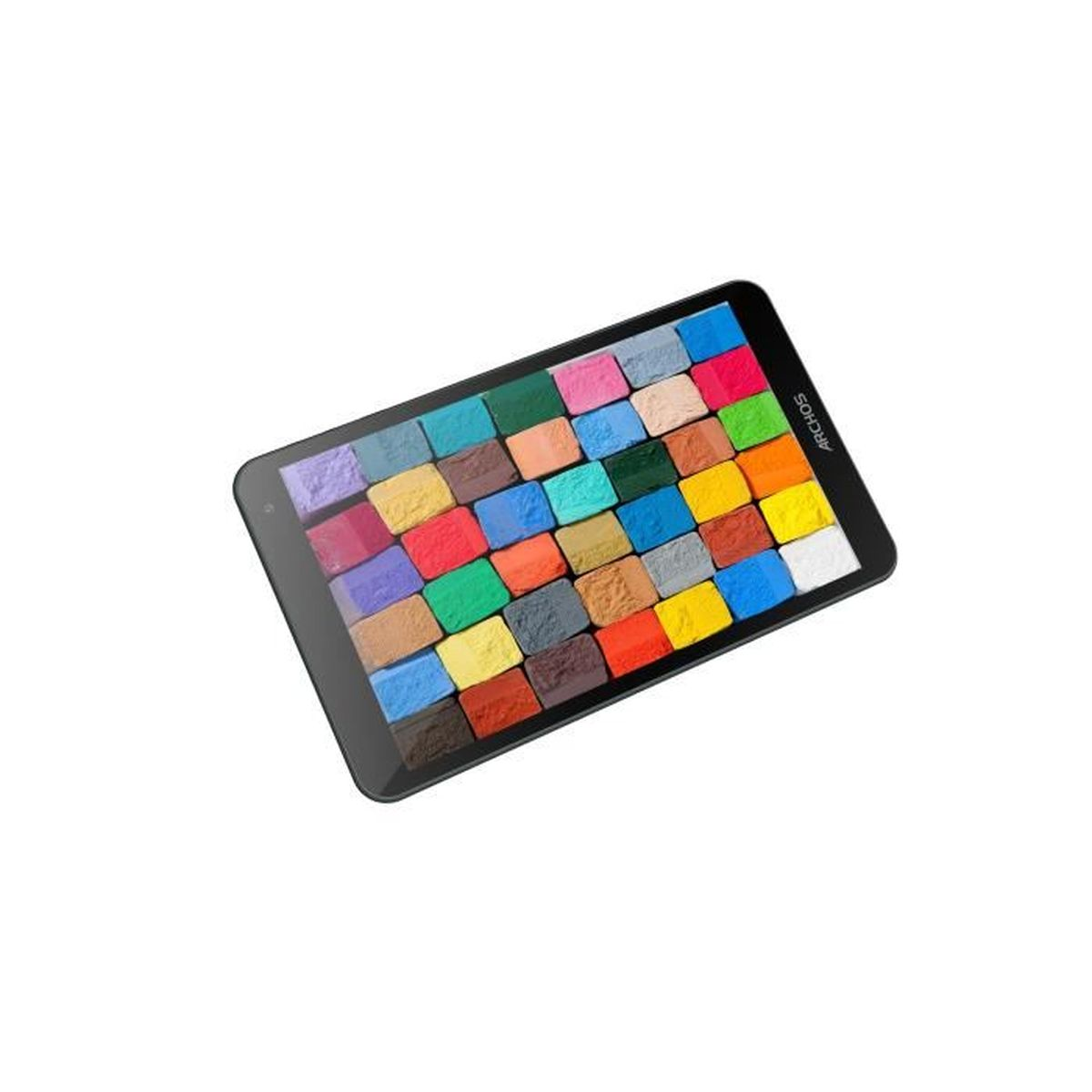 Un tablet con schermo colorato che mostra vari rettangoli di diversi colori.