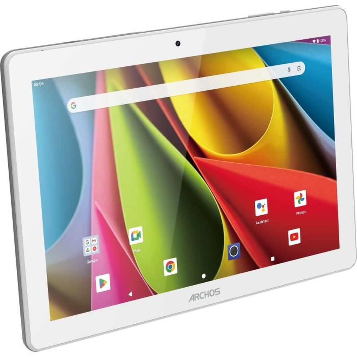 Witte tablet met gekleurde pictogrammen op het scherm, tegen een witte achtergrond.