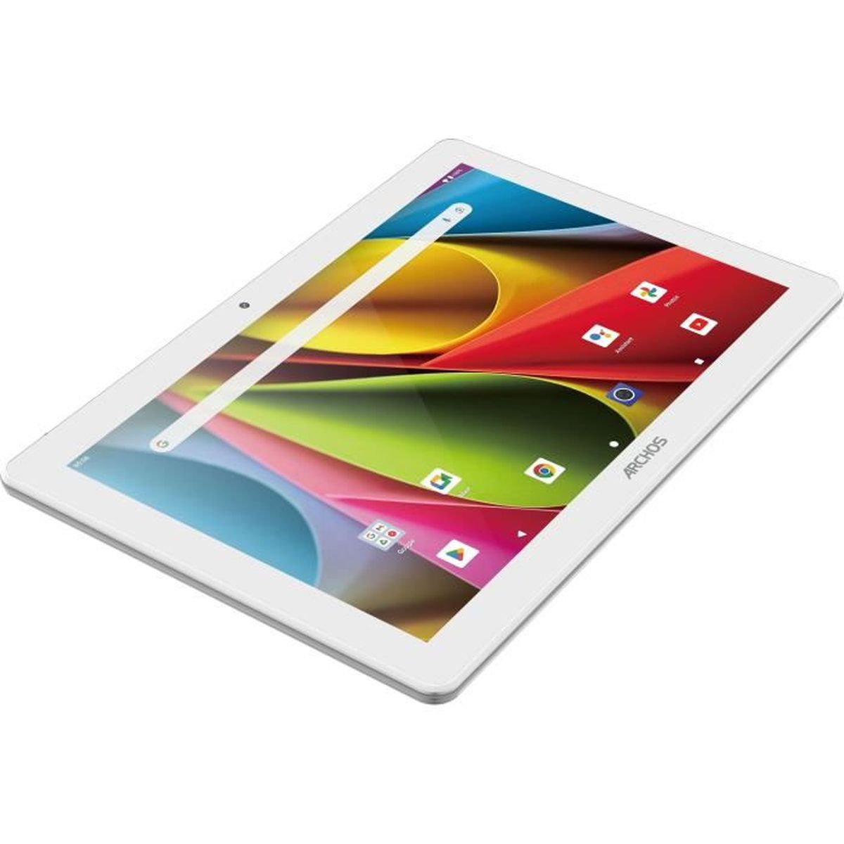 Witte tablet met gekleurde pictogrammen op het scherm, tegen een witte achtergrond.