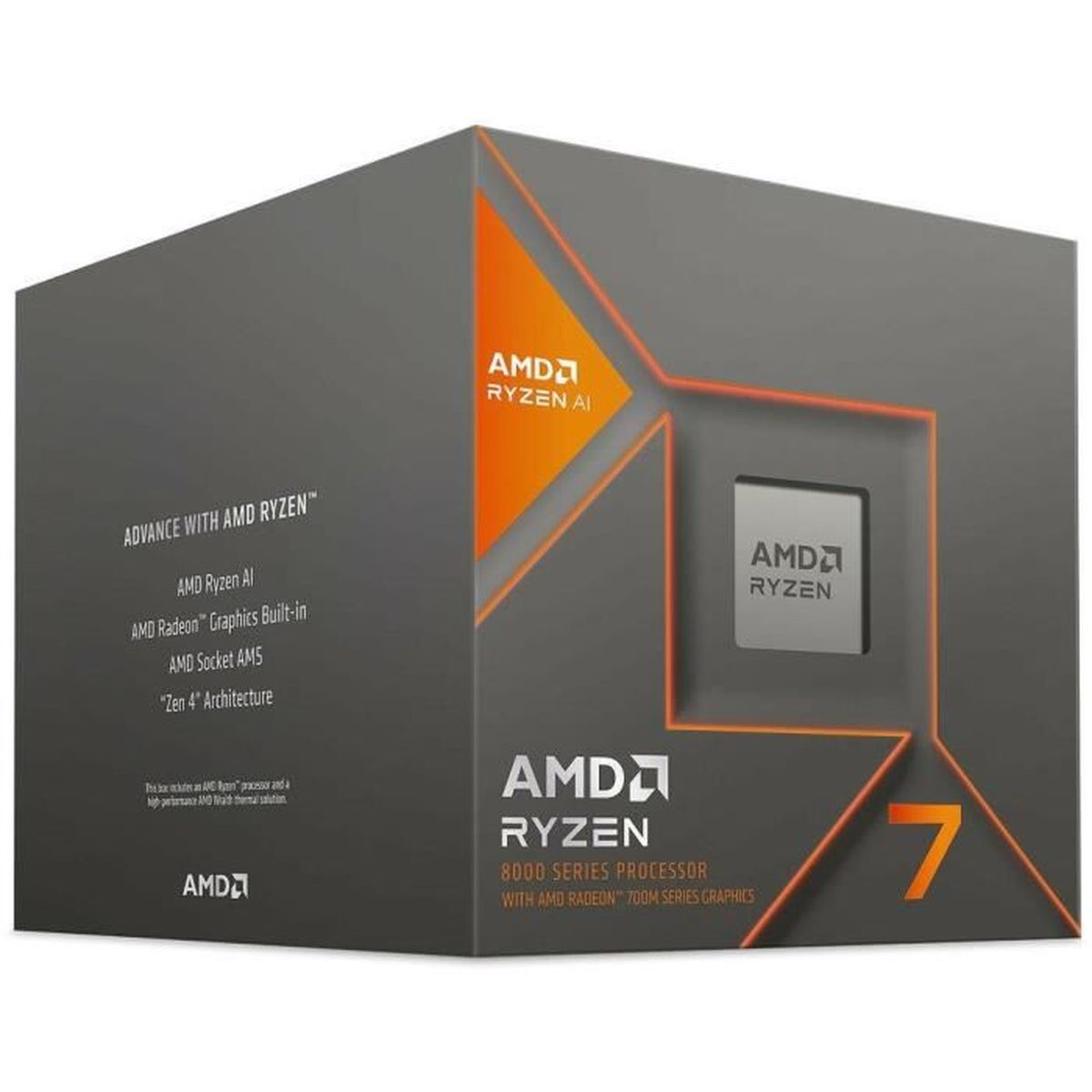 Pudełko z logo i tekstem 'AMD Ryzen 7', pomarańczowe akcenty. Szare tło.