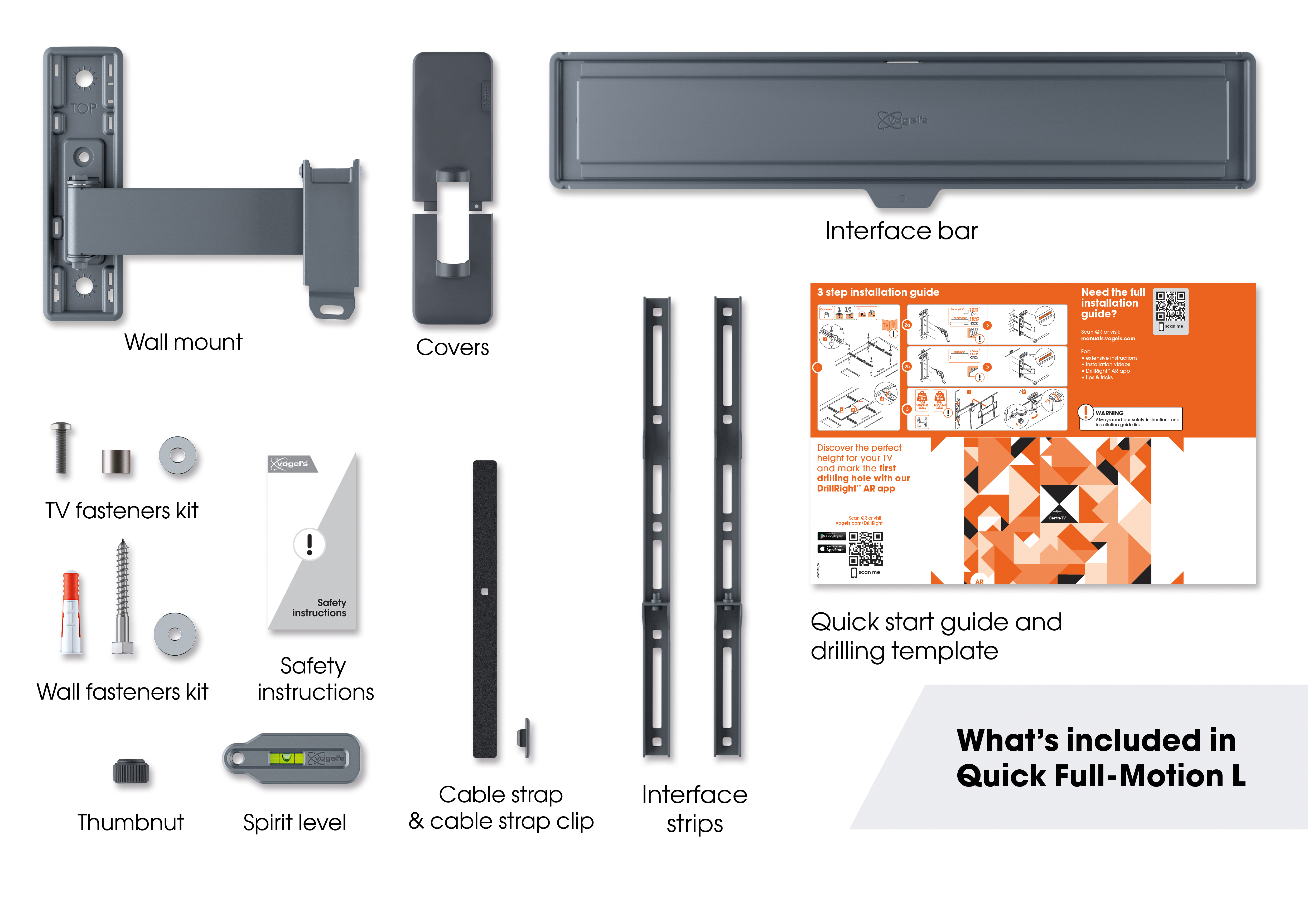 Różne elementy montażowe do telewizora i instrukcje. Białe tło.