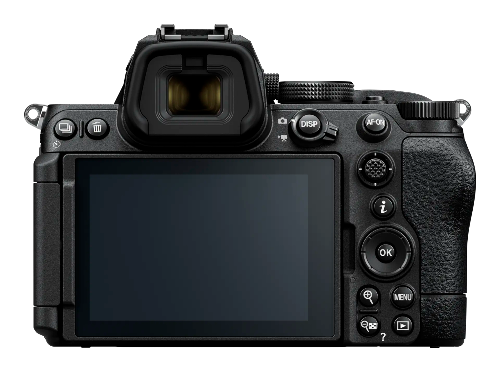 Cámara Nikon, vista trasera. Muestra la pantalla y los botones, el logo de Nikon arriba.