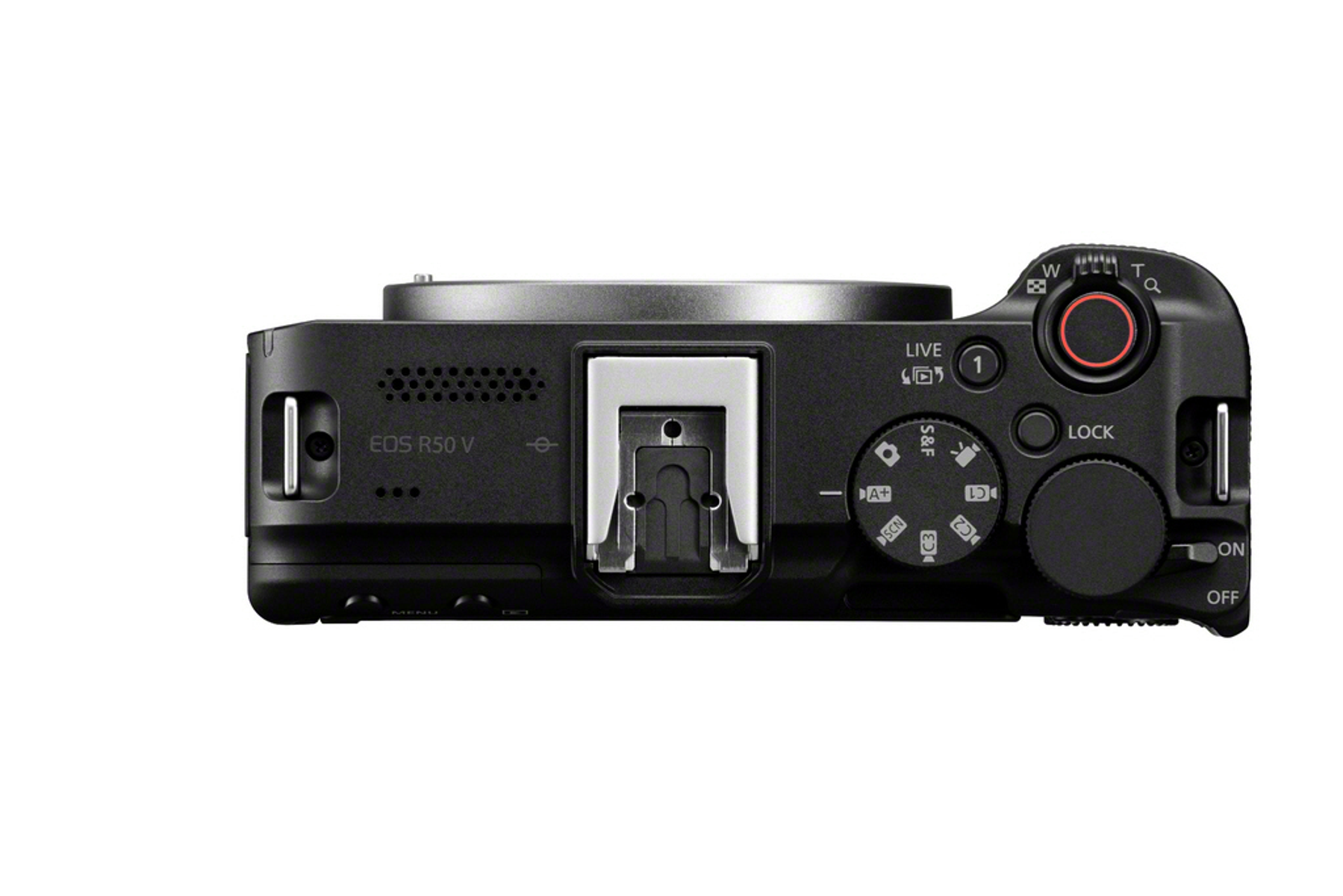 Widok z góry na czarny aparat, pokazujący przyciski, pokrętła, lampę błyskową i elementy sterujące. Białe tło.