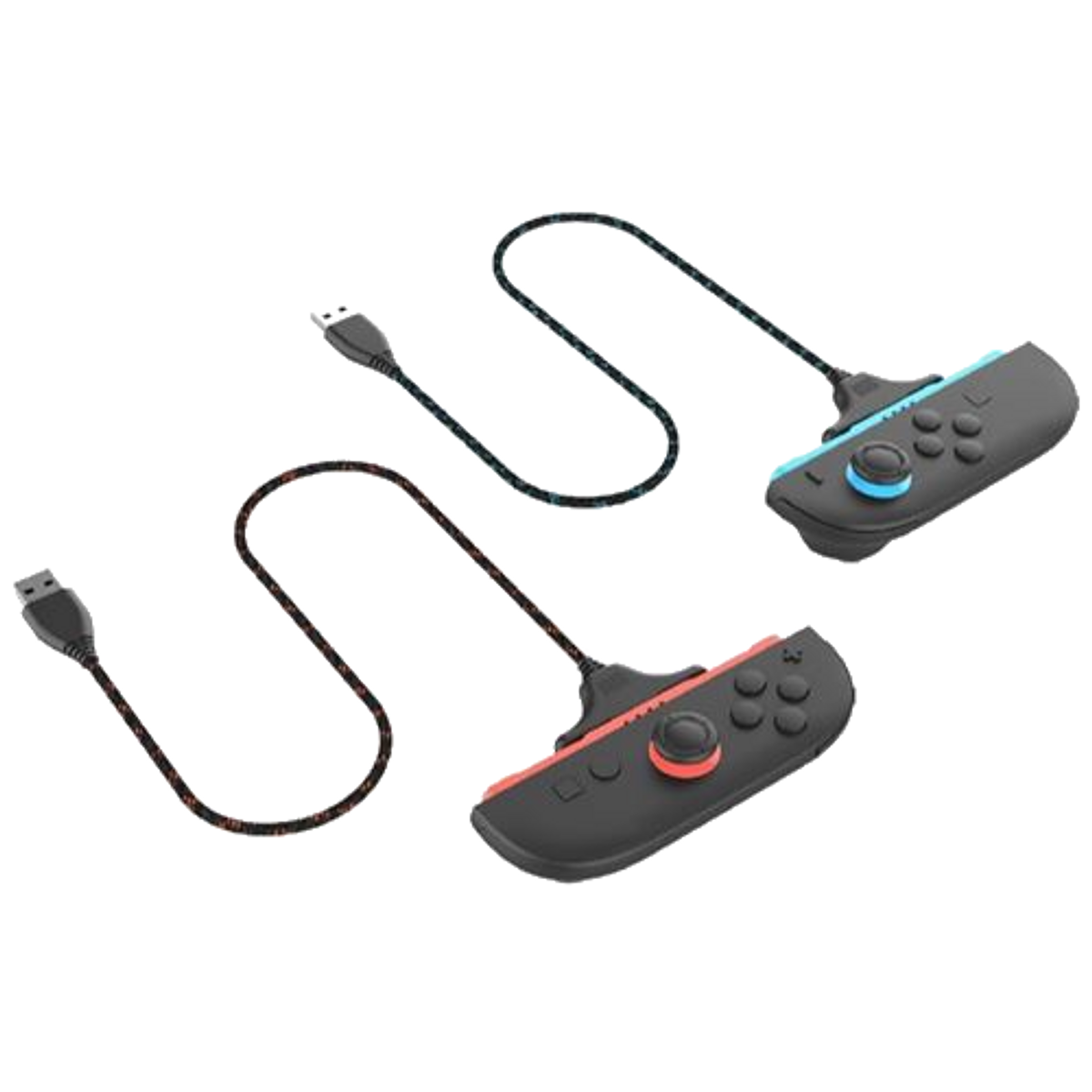 Un'immagine del prodotto di due controller Nintendo Switch e cavi di ricarica, isolati su sfondo nero.