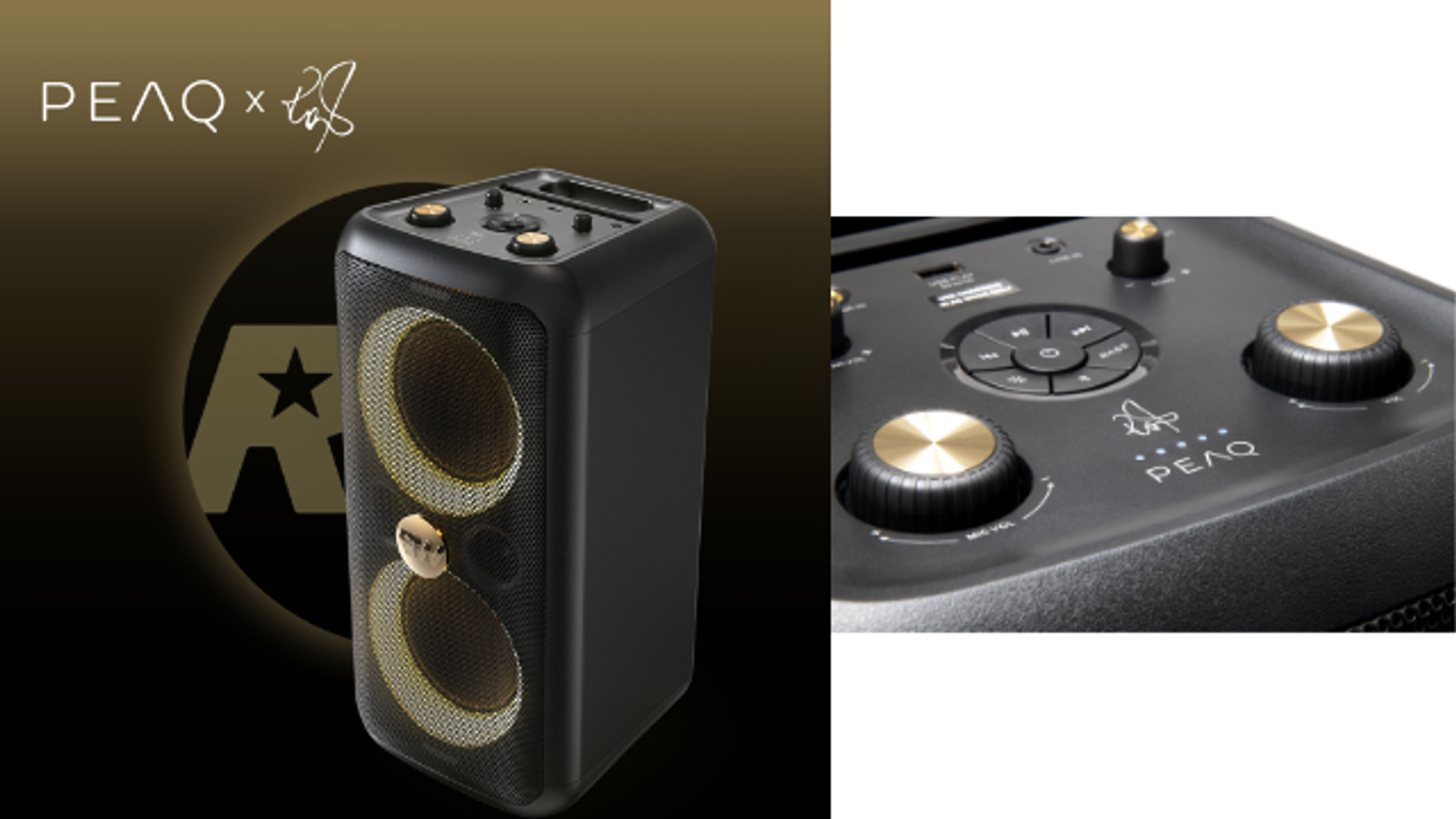 Altavoz negro con detalles dorados. El altavoz tiene la marca PEAQ y una estrella.