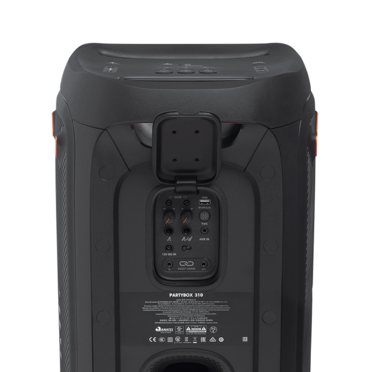 Parte trasera de un altavoz JBL PartyBox 310 negro con varios puertos de entrada.