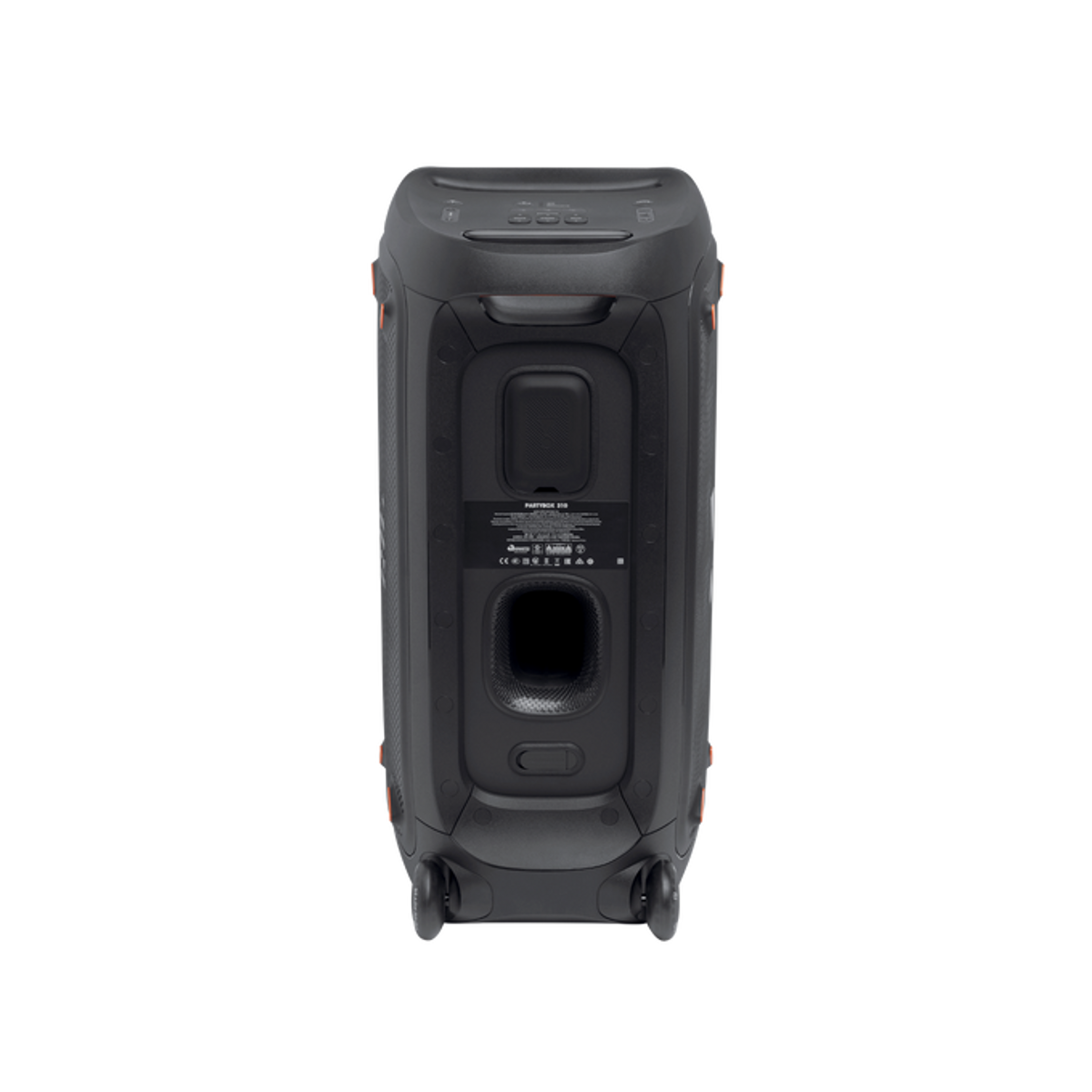Altavoz negro JBL PartyBox 310, vista trasera, con entradas y ruedas.