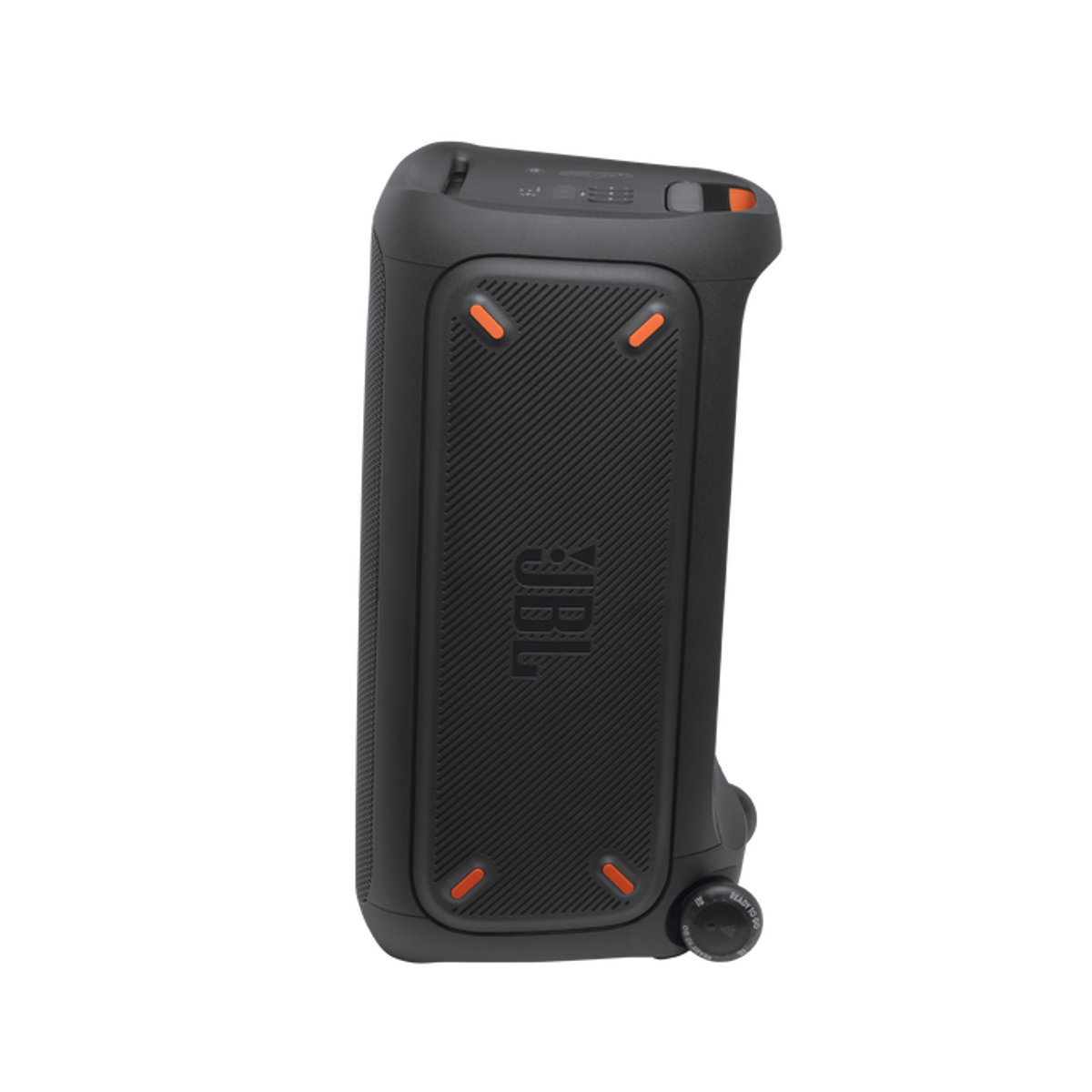 Altavoz negro JBL PartyBox 310, vista lateral en ángulo, con detalles en naranja.