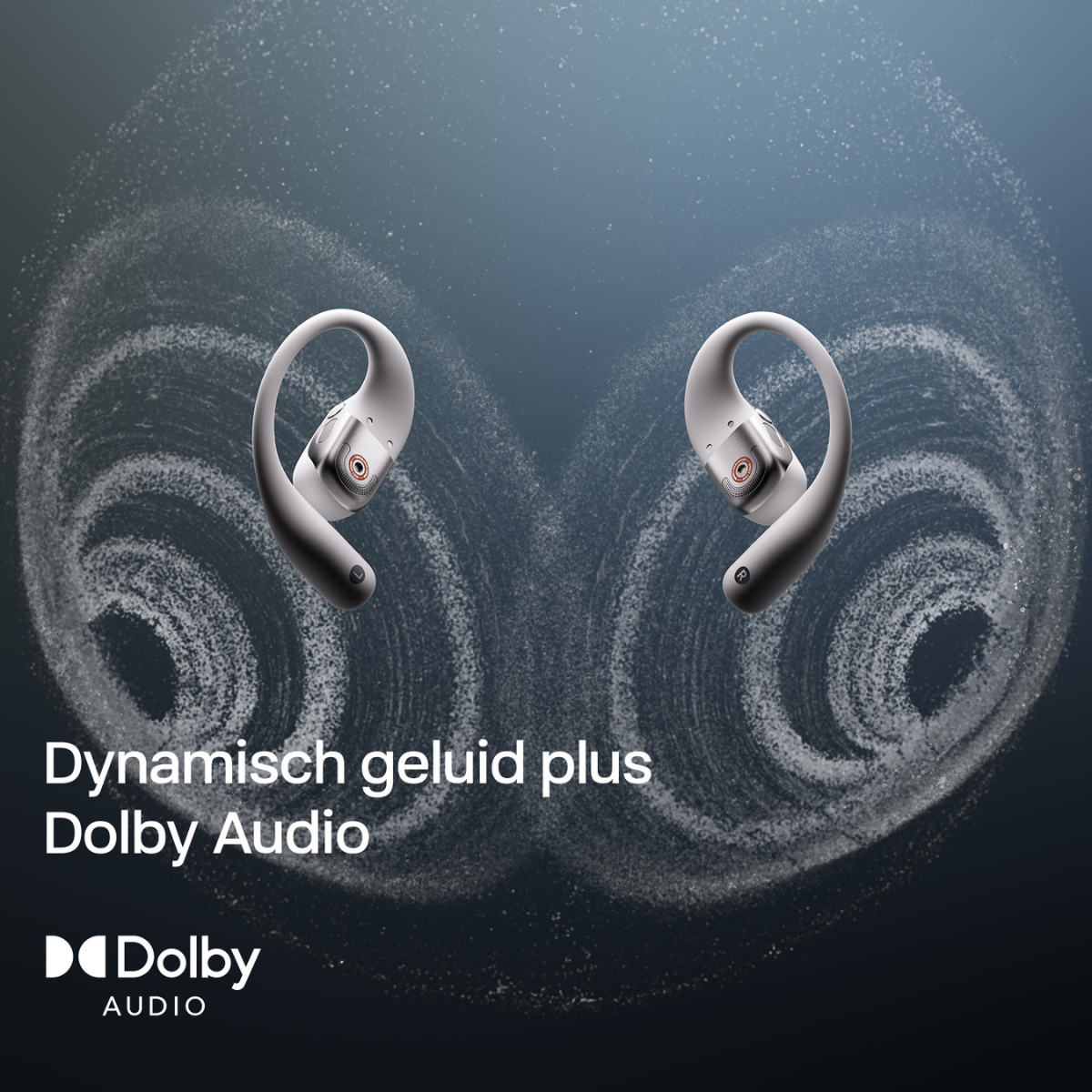 Dwa białe słuchawki z dynamicznym dźwiękiem. Tekst brzmi: Dynamiczny dźwięk plus Dolby Audio.