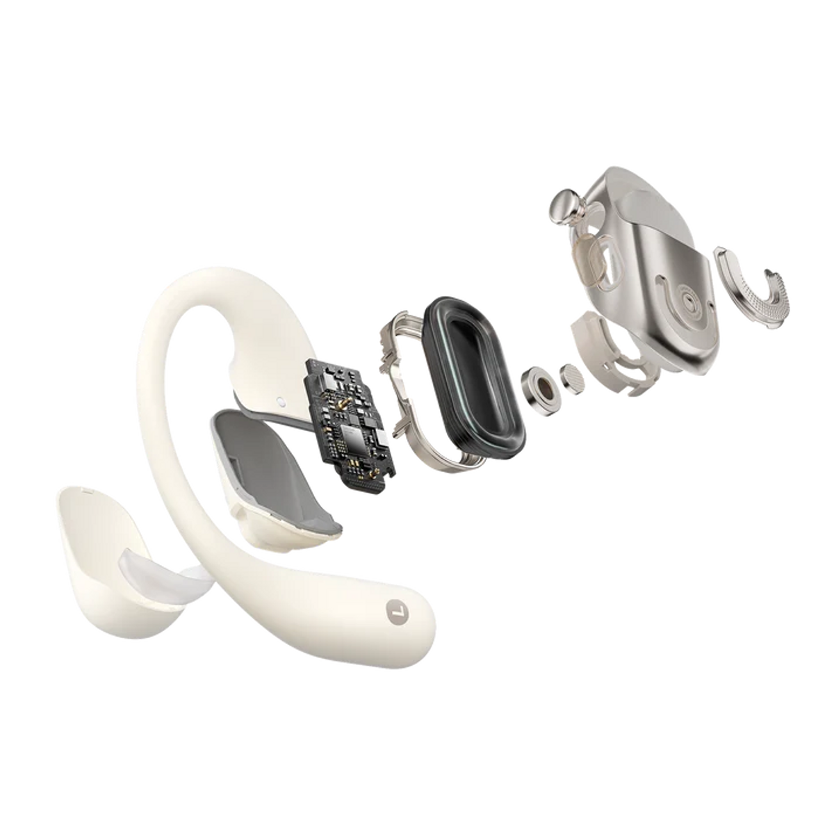 Widok rozłożony kremowych słuchawek, pokazujący elementy wewnętrzne i ich układ. Czarne tło.