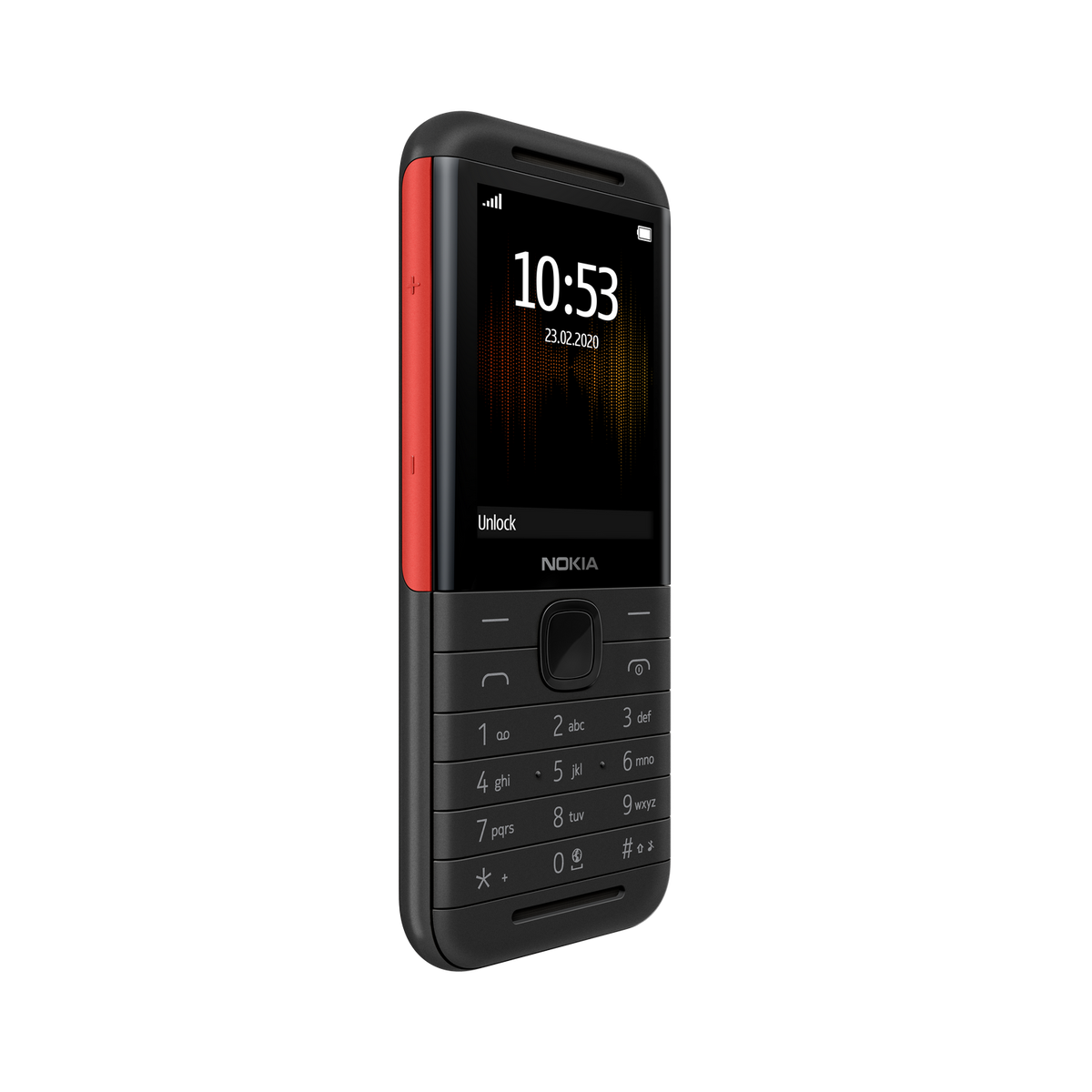 Teléfono Nokia negro con un lado rojo, mostrando hora y fecha. Teclado visible. Fondo negro.
