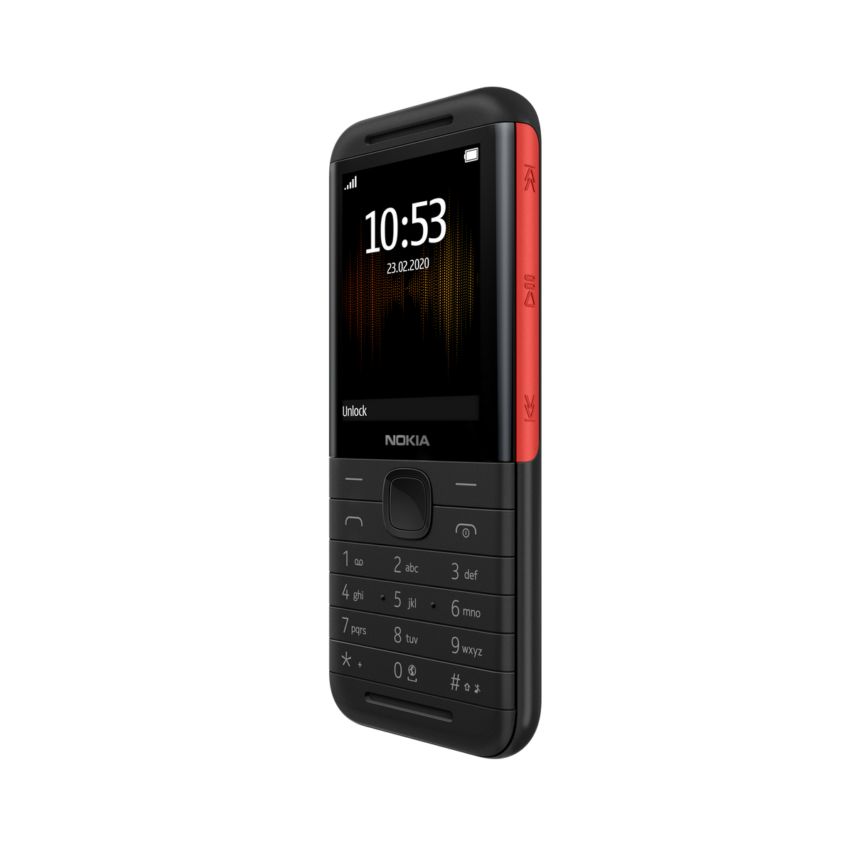 Un teléfono Nokia negro con detalles en rojo. Tiene una pantalla que muestra la hora y la fecha, y un teclado.