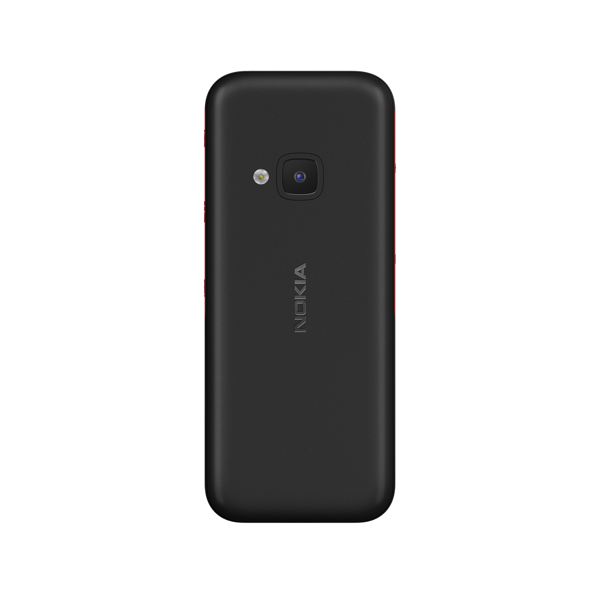 Teléfono Nokia negro con borde rojo y una sola cámara. Vista trasera, fondo negro.
