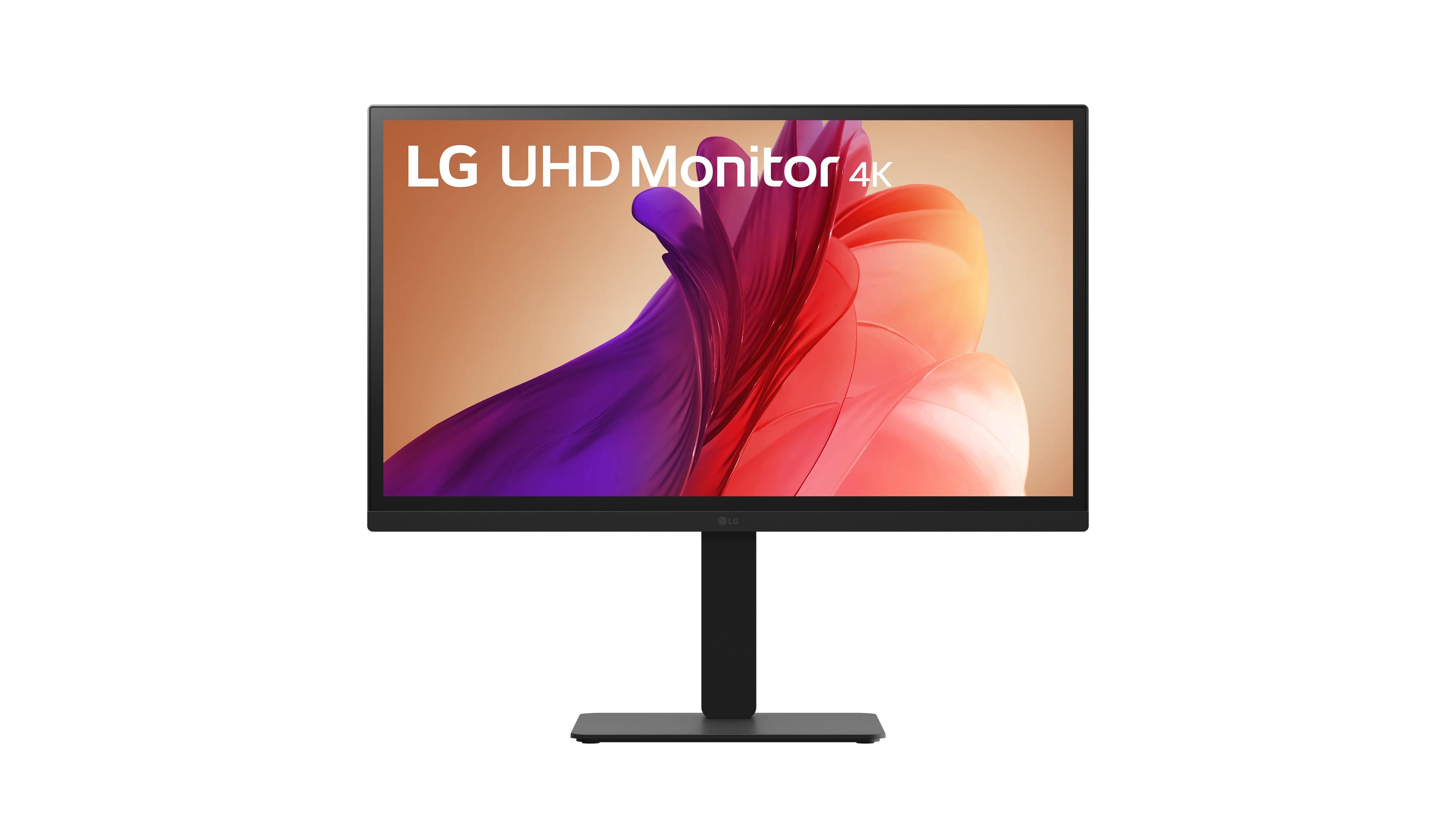 LG UHD 4K monitor on a black stand. The screen displays a colorful, abstract image.