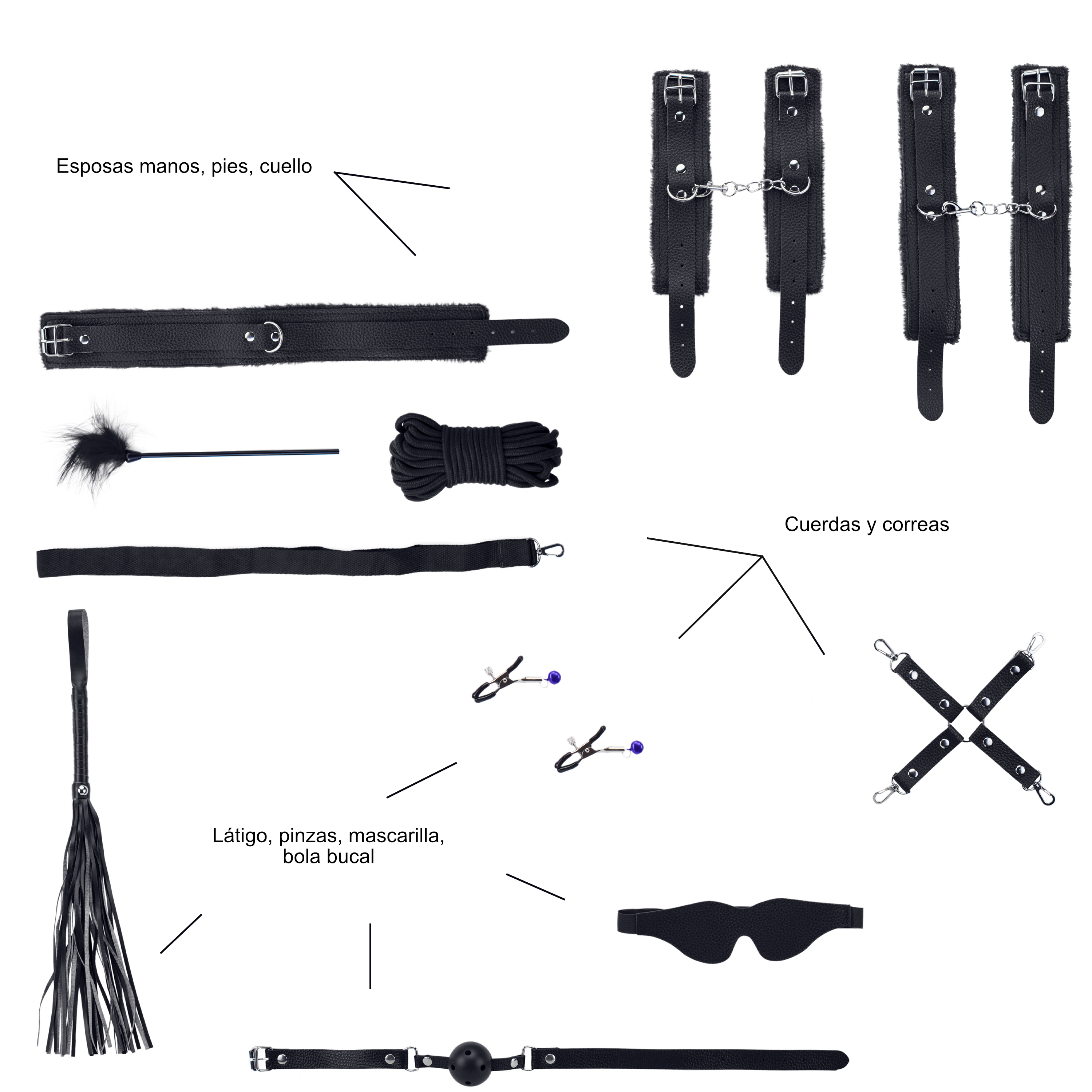 Kit de bondage con esposas, flagelo, cuerda, antifaz, bozal, pinzas y cruz. Fondo blanco.