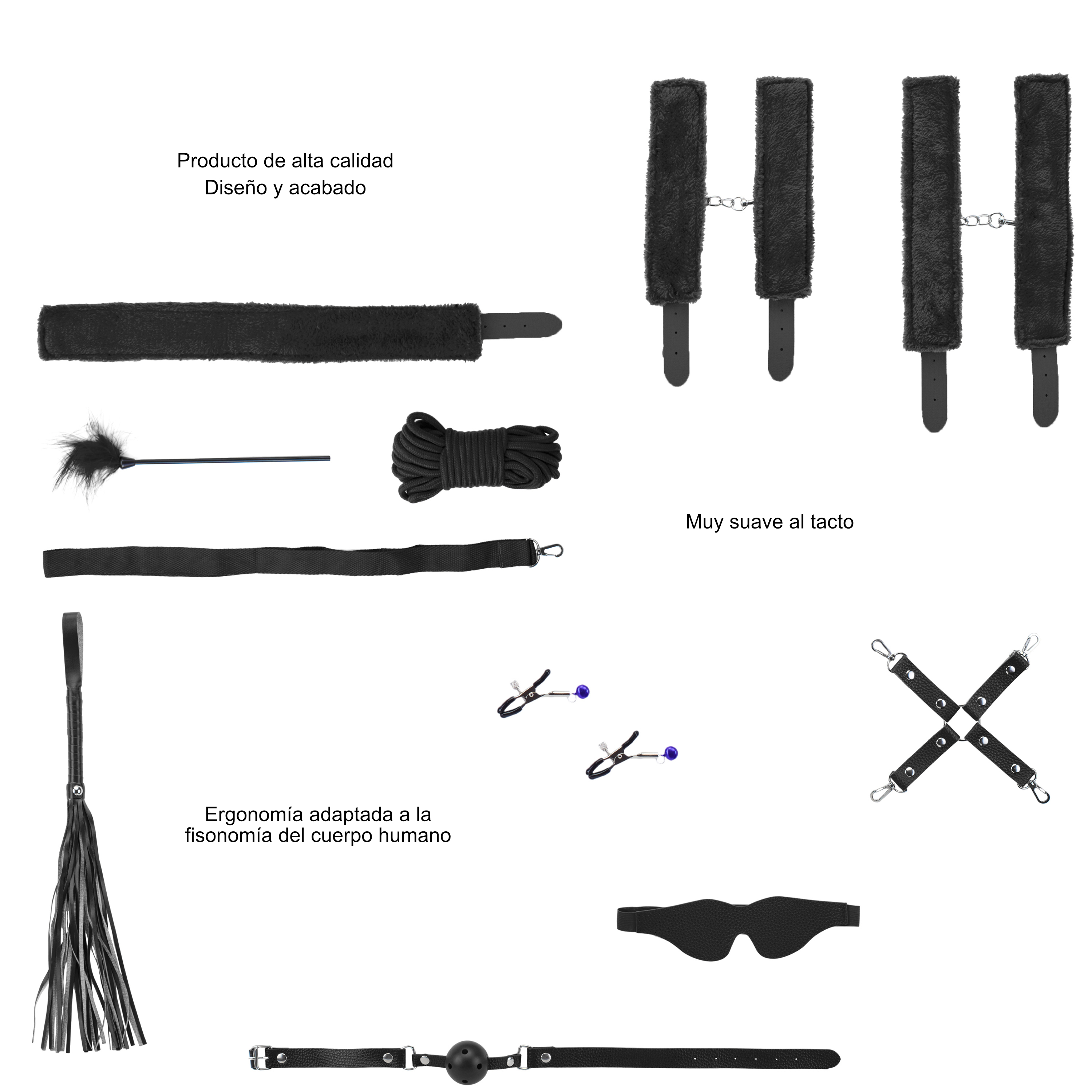 Kit bondage con esposas, flagelo, cuerda, antifaz, bozal, pinzas y cruz. Fondo blanco.