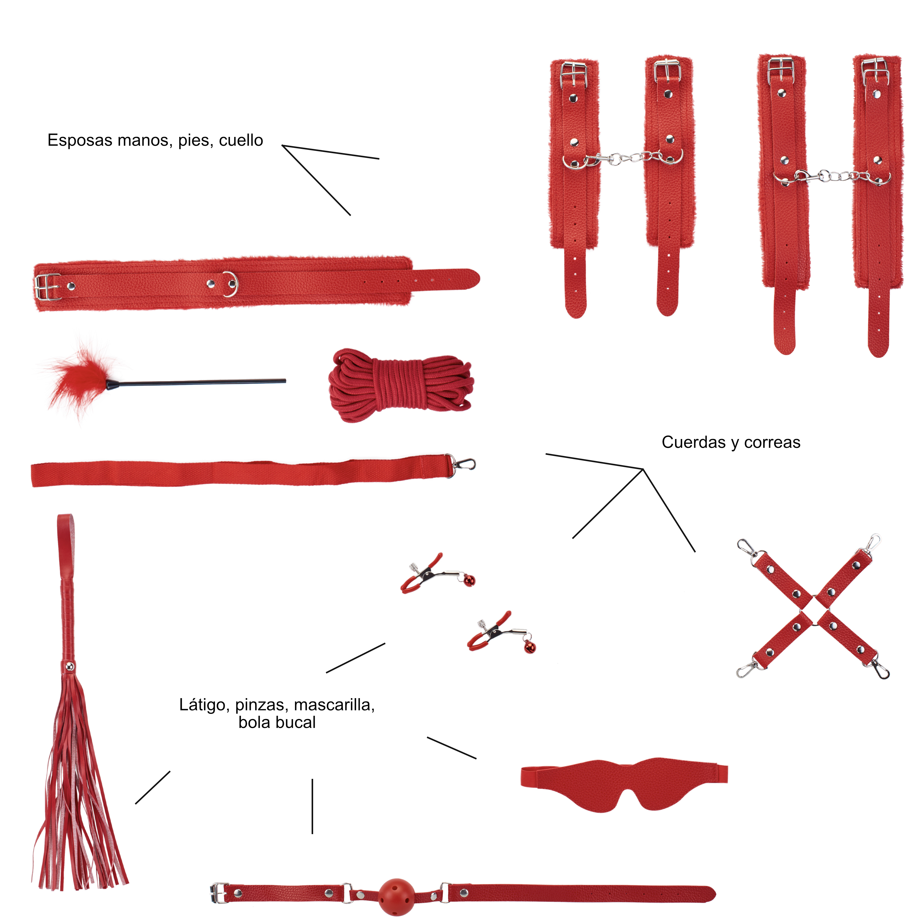 Kit de bondage rojo: esposas, flagelo, cuerda, antifaz, bozal, pinzas y cruz. Fondo blanco.