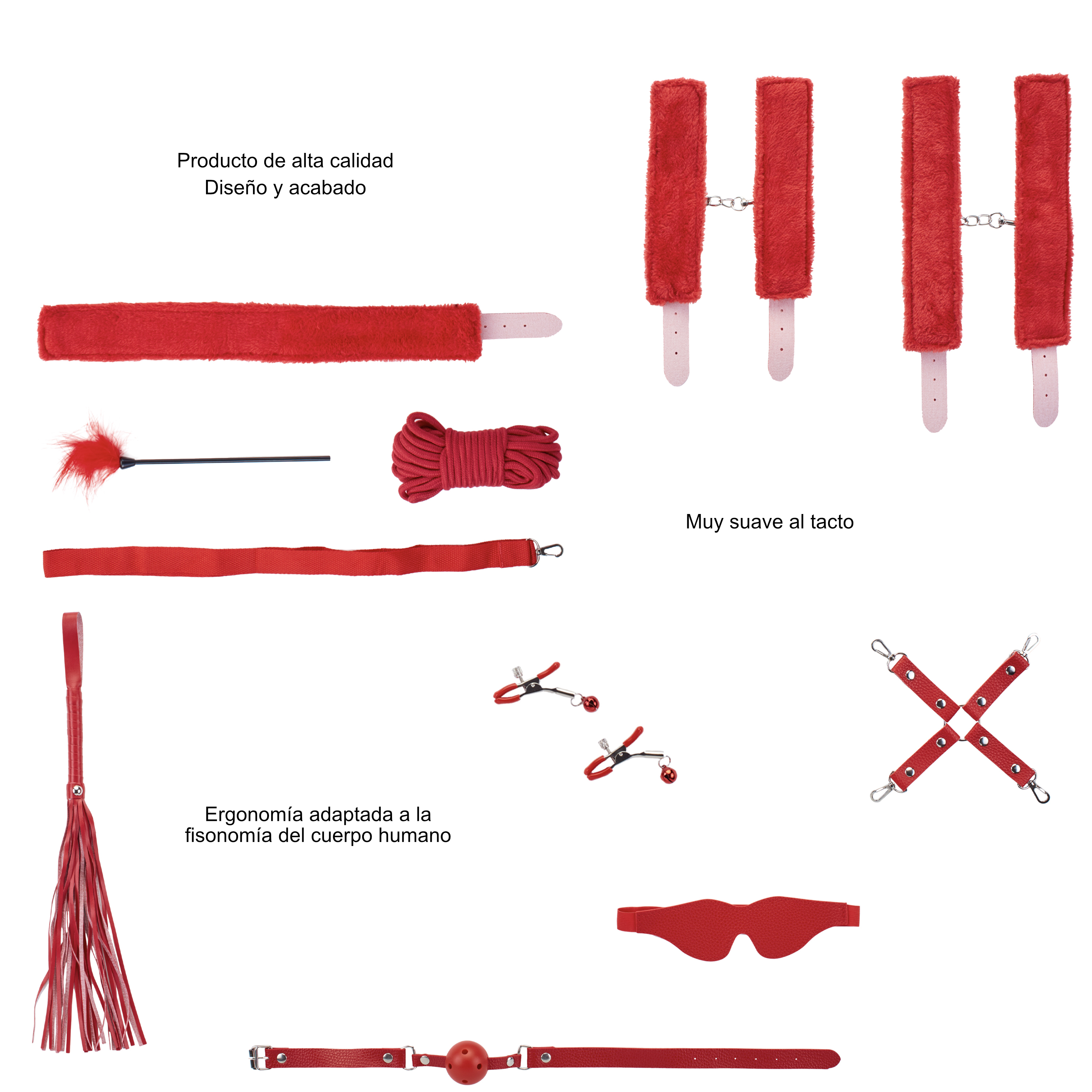 Kit de bondage rojo: esposas, flagelo, cuerda, antifaz, bozal, pinzas y cruz. Fondo blanco.