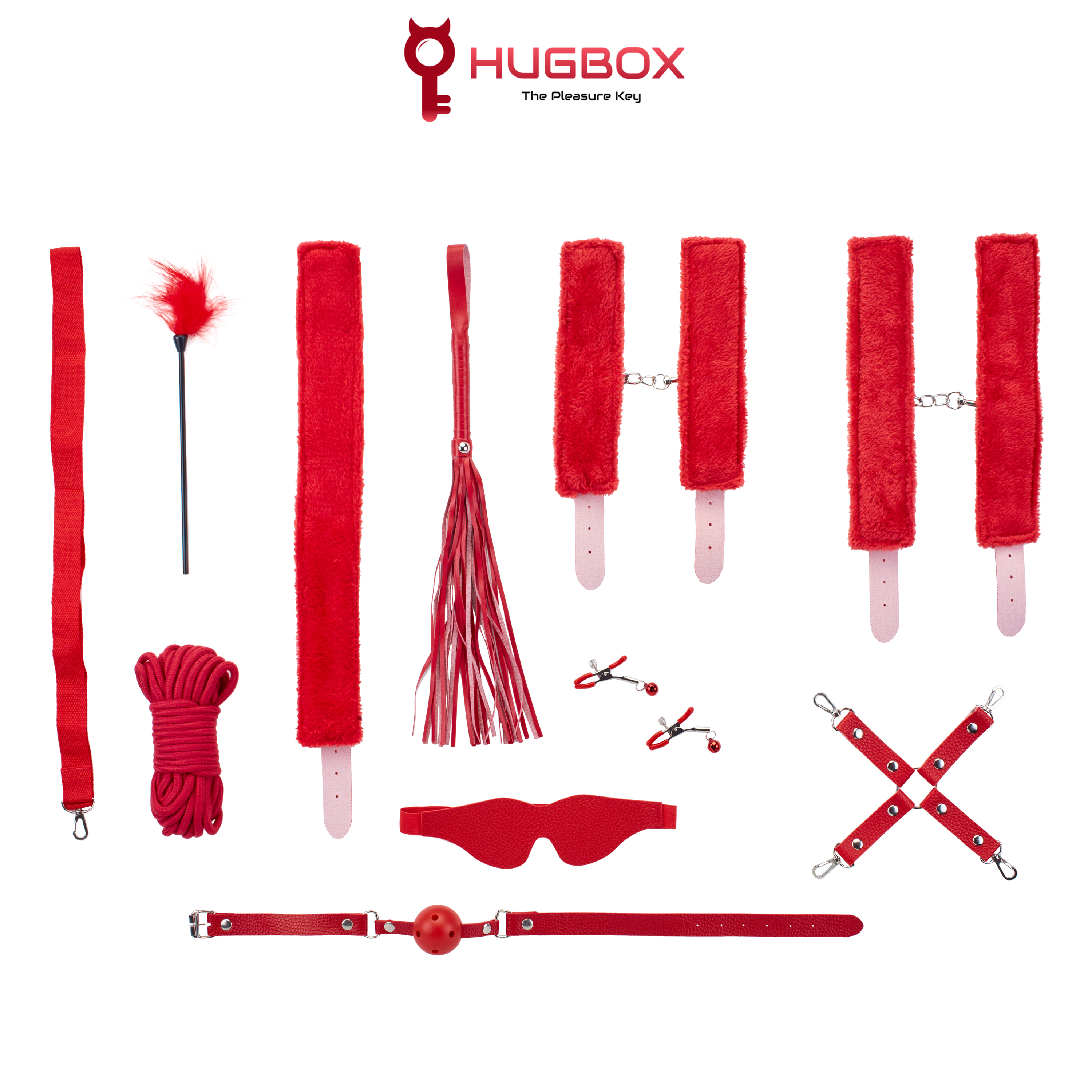 Kit de bondage rojo: esposas, flagelo, cuerda, antifaz, bozal, pinzas y cruz. Fondo blanco.
