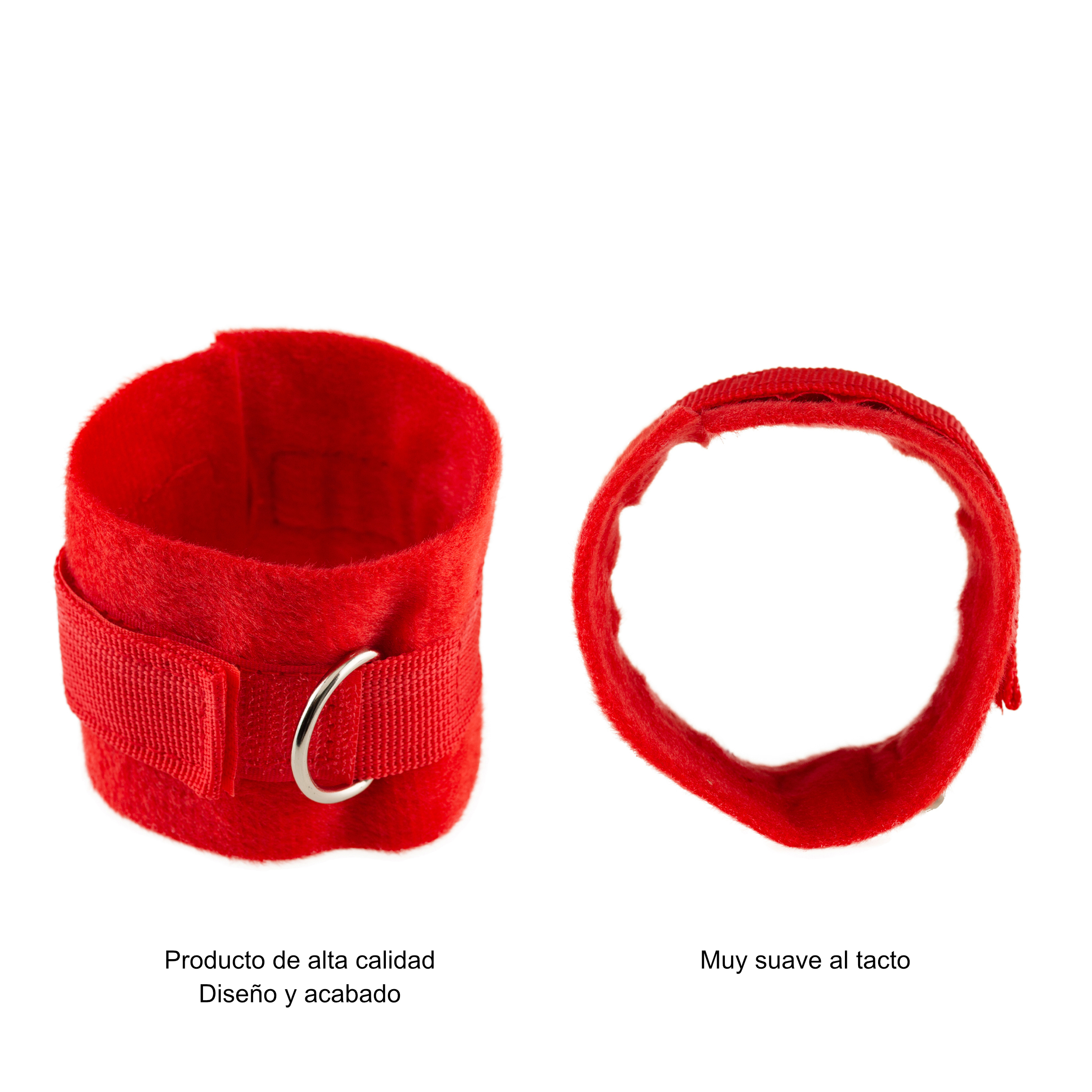 Dos puños rojos y suaves. Uno está abierto con un anillo de metal. El otro está cerrado.