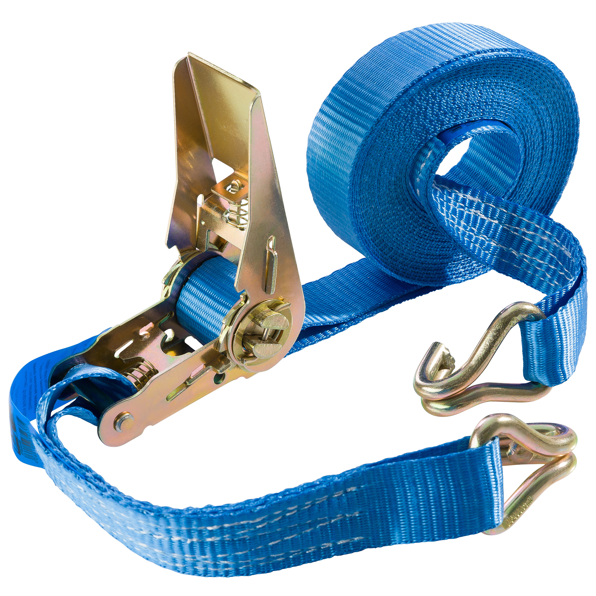 Blauer Ratschengurt mit Metallschnalle und Haken. Der Gurt ist aufgerollt. Weißer Hintergrund.