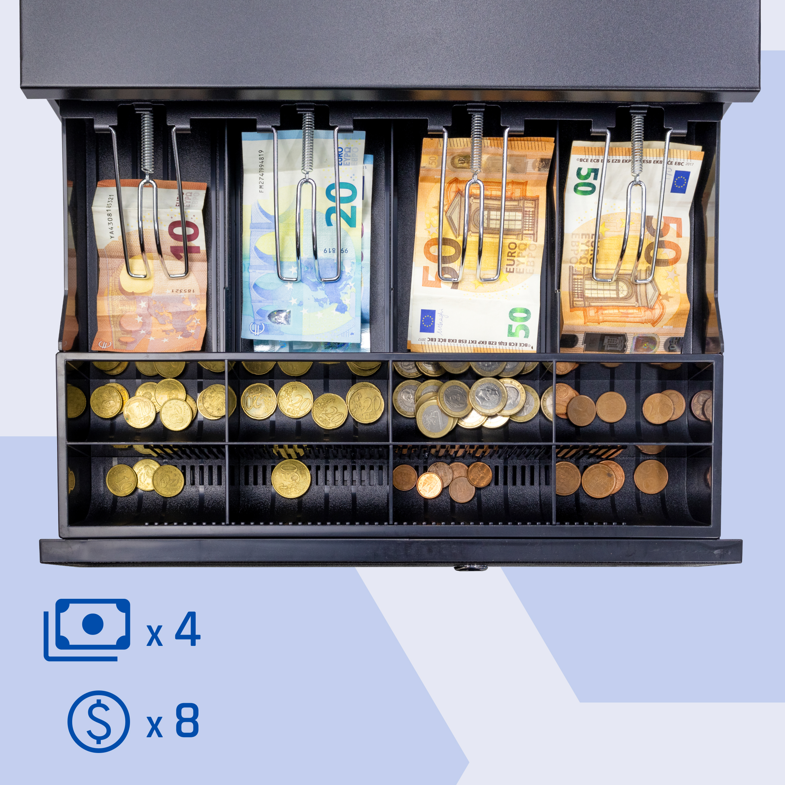 Cajón de caja registradora abierto, mostrando dinero y monedas en compartimentos. Cuatro fajos de billetes y ocho montones de monedas.