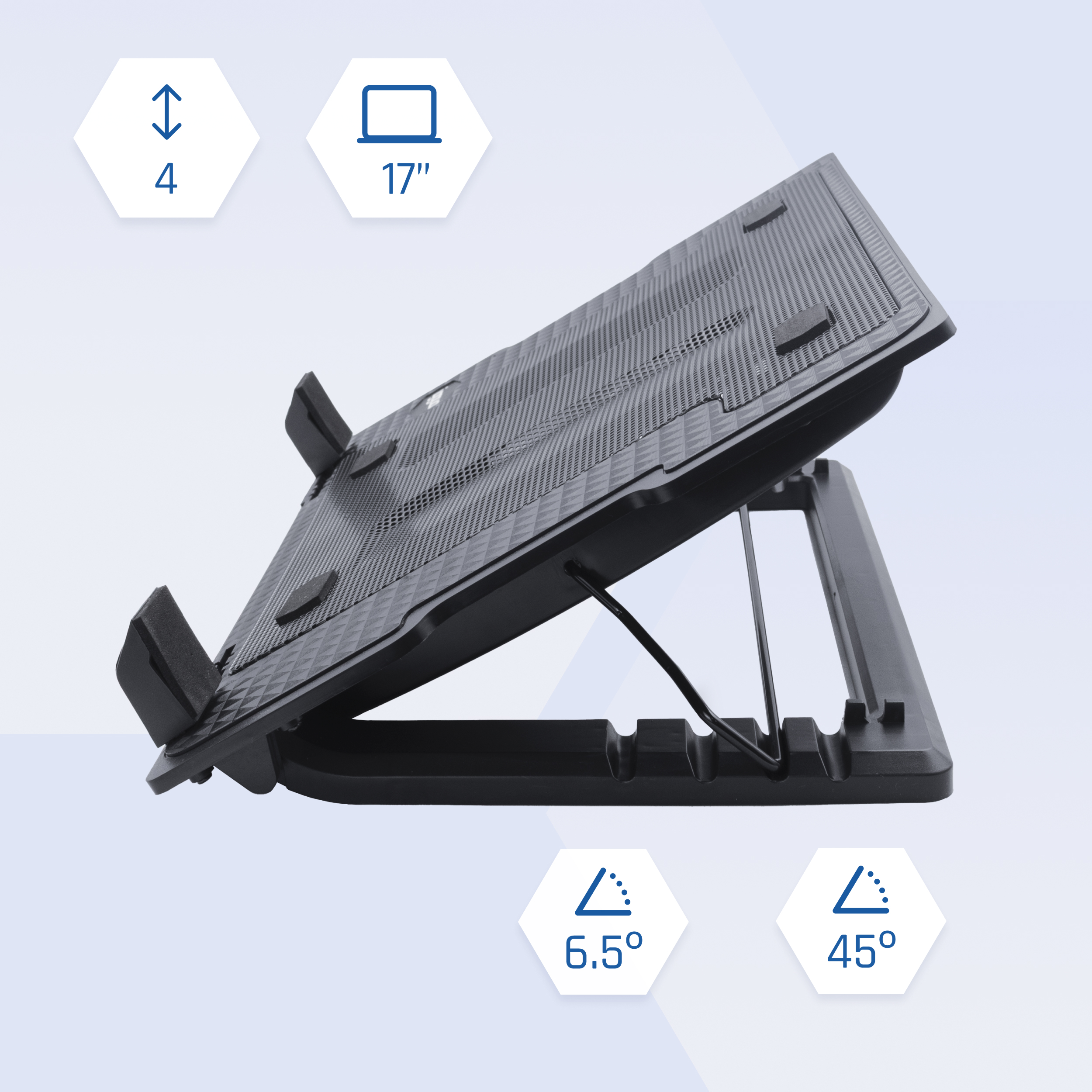 Czarny stojak na laptopa z regulowanymi kątami. Pokazuje liczby 6,5 i 45 stopni oraz ikonę 17 cali.