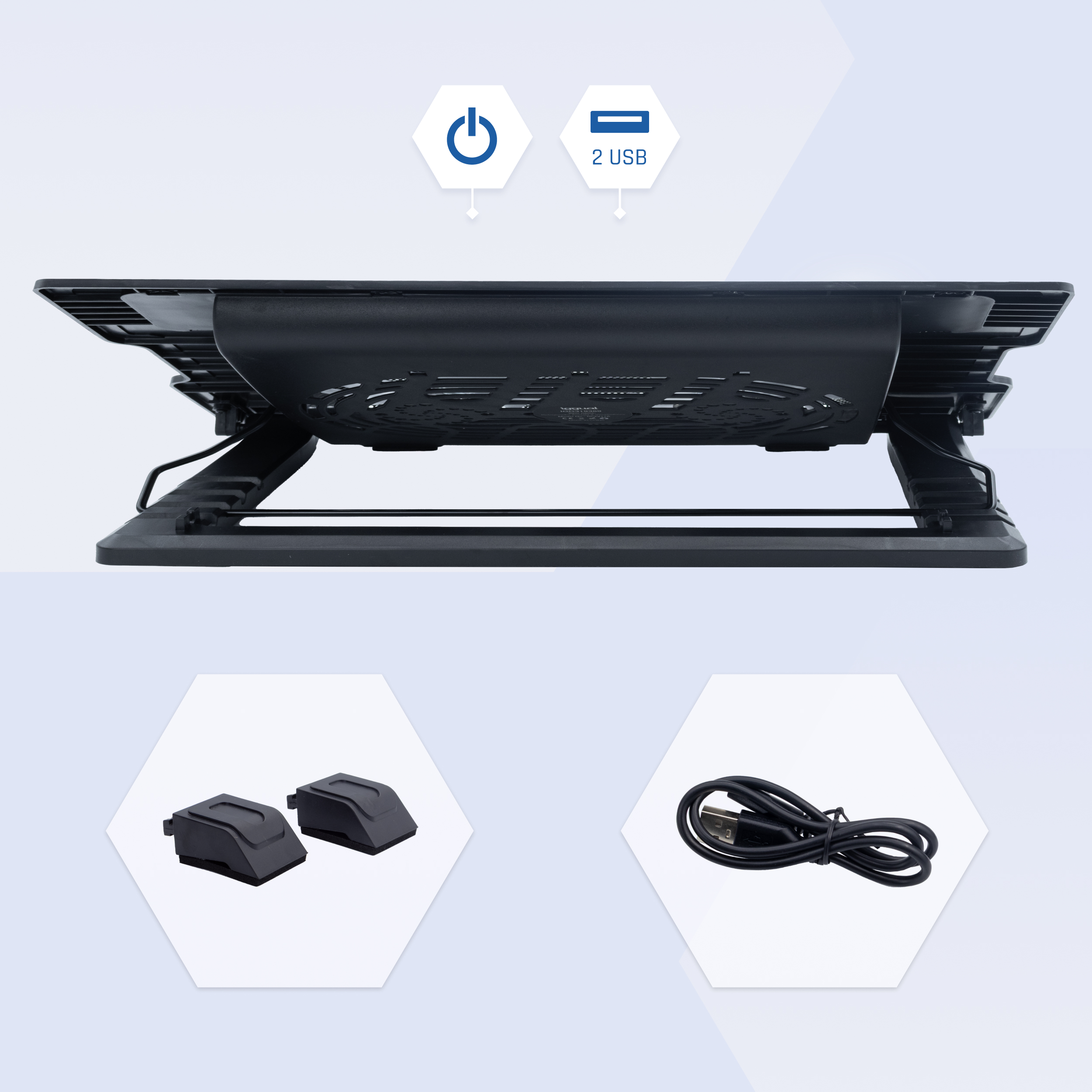Czarny stojak na laptopa z portami USB i ikoną przycisku zasilania. Akcesoria obejmują kabel i dwie nóżki.