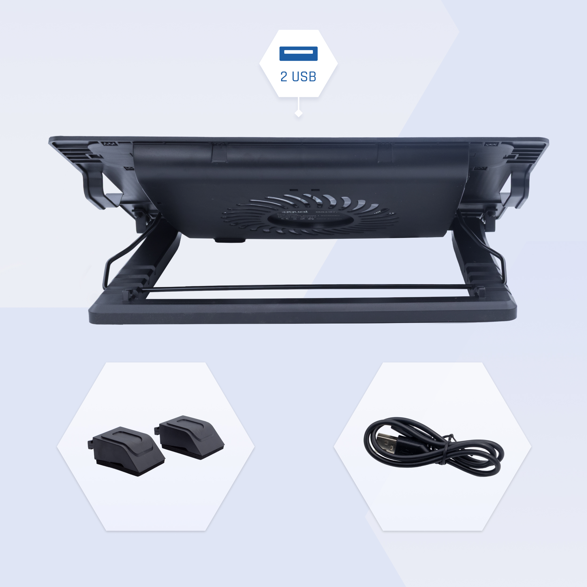 Ein schwarzer Laptopkühler, der USB-Anschlüsse und ein Kabel auf einem weißen Hintergrund zeigt.
