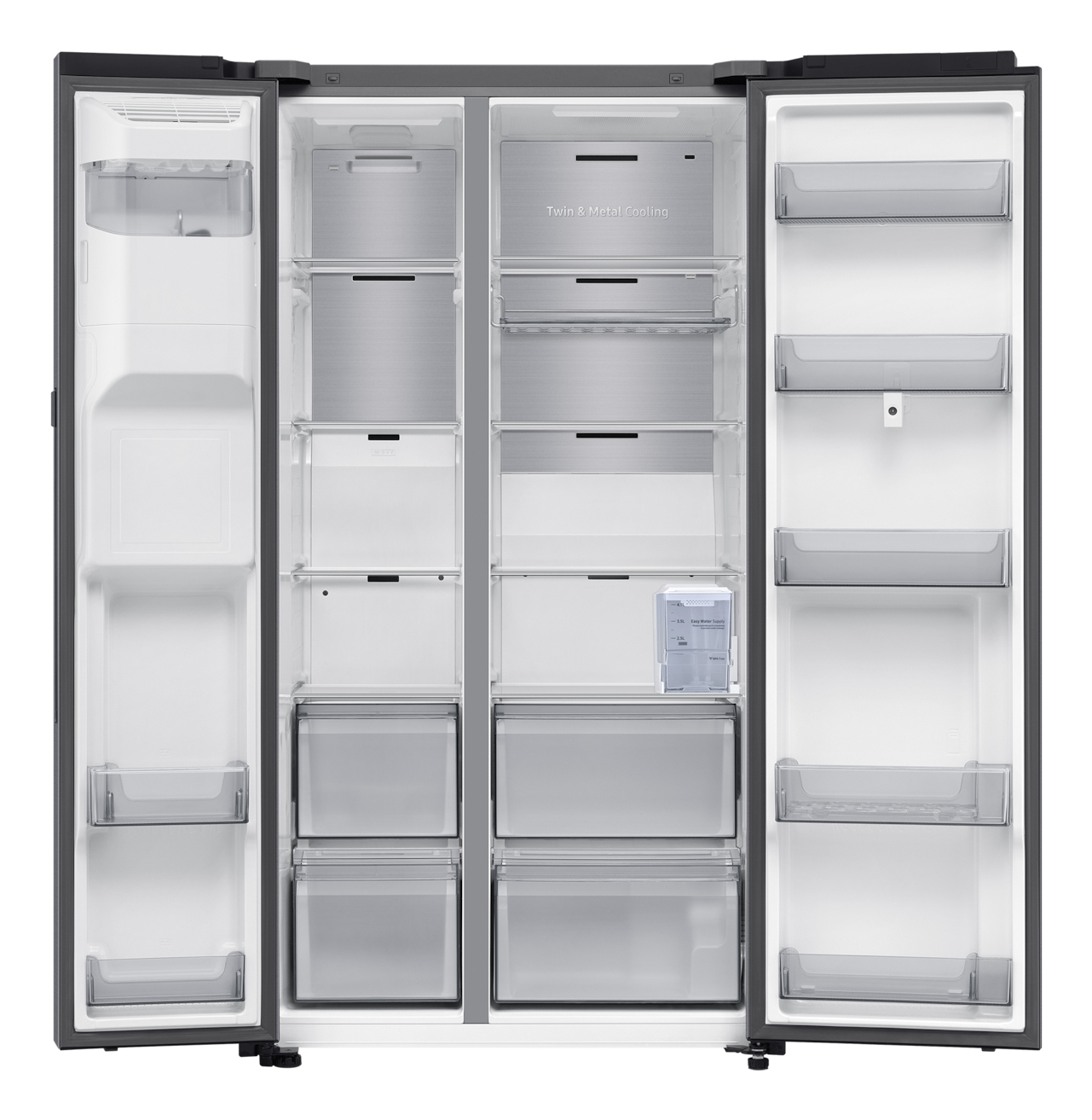 Otwarta, pusta lodówka z półkami i szufladami, prezentująca swoje przestronne wnętrze.