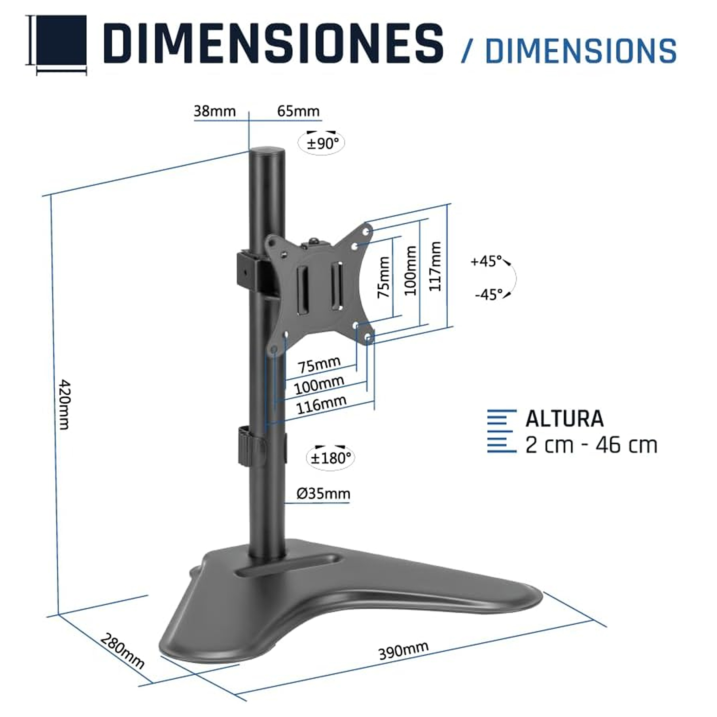 Un diagrama de soporte de monitor que muestra las dimensiones y la capacidad de ajuste sobre un fondo blanco.