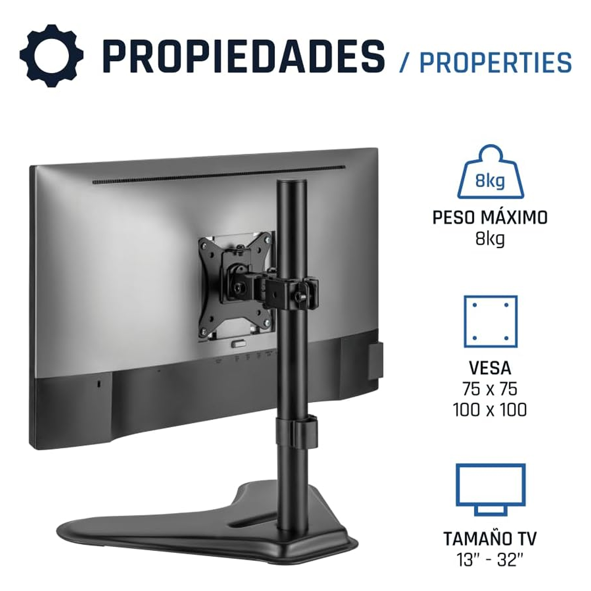Un diagrama de soporte de monitor que muestra el peso y el tamaño VESA sobre un fondo blanco.